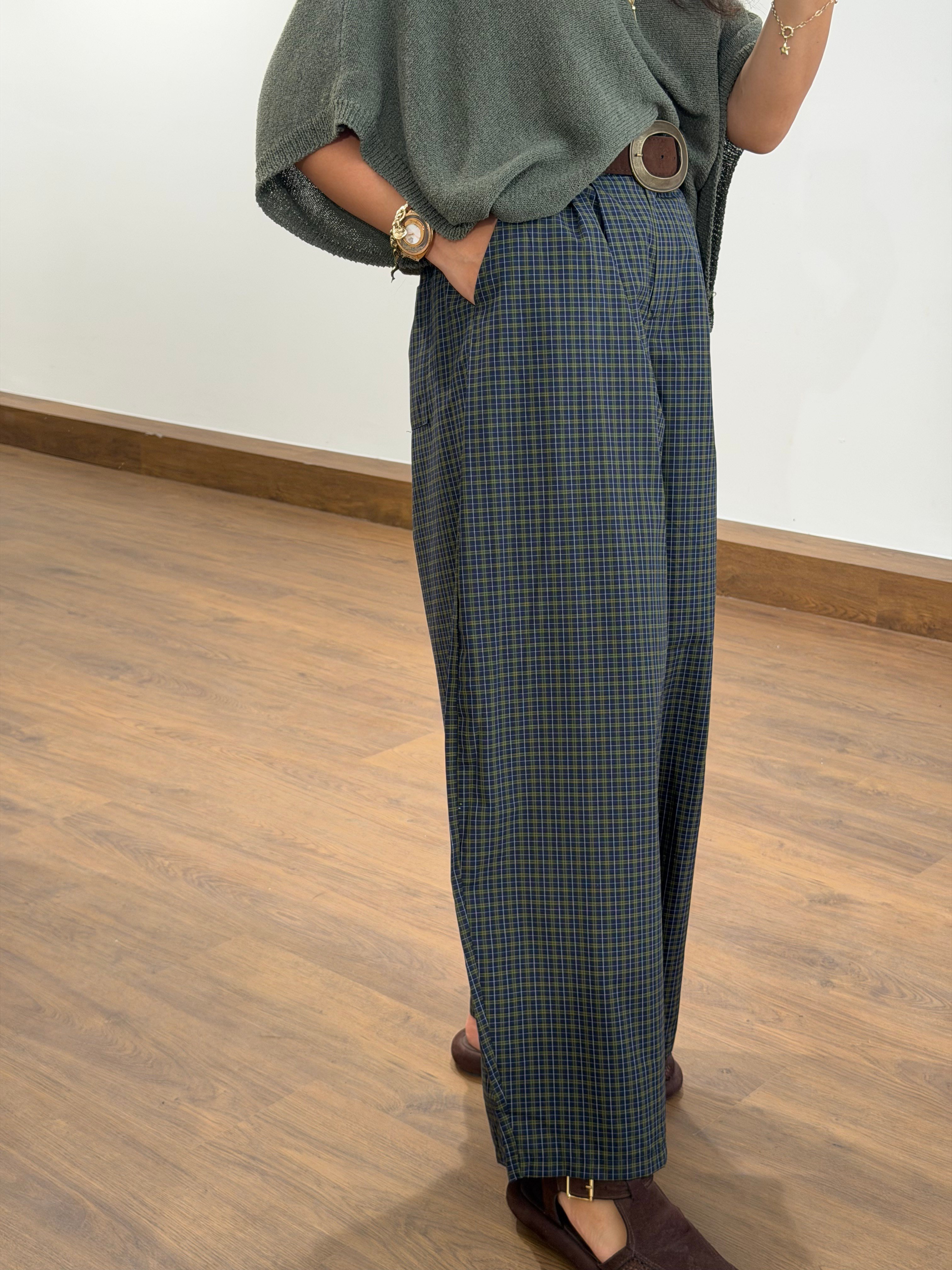 Ekose Oversize Kemerli Pantalon Haki