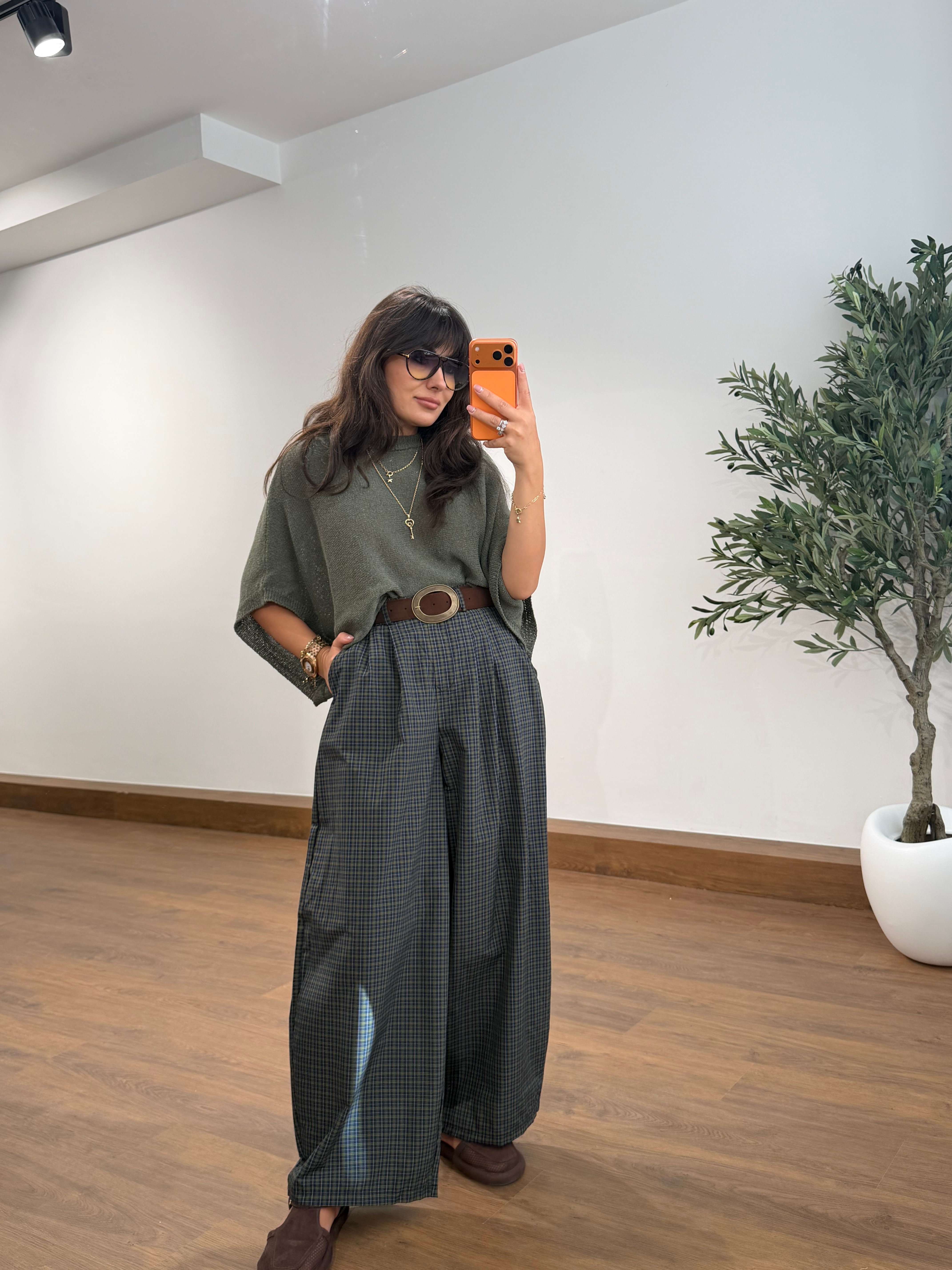Ekose Oversize Kemerli Pantalon Haki