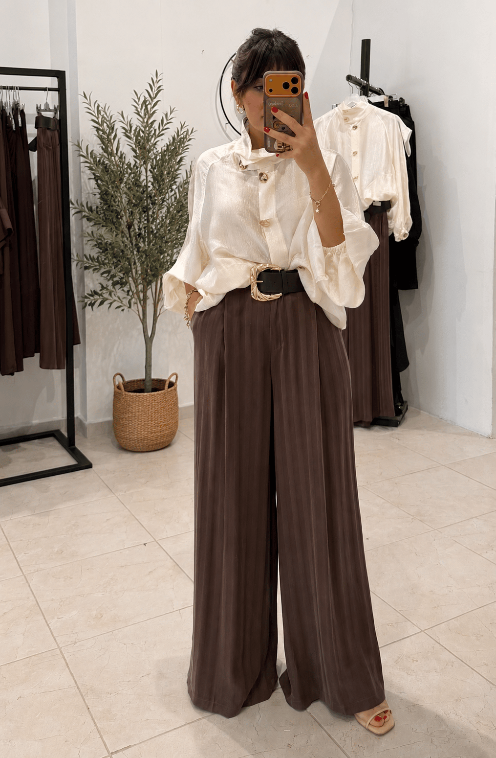 Kemerli Saten Çizgili Palazzo Pantalon-Kahve