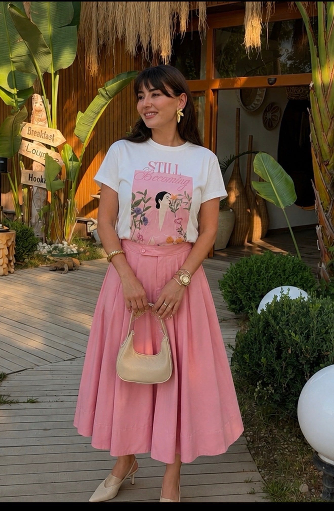 Poplin Midi Boy Etek Bel Lastikli -Pembe