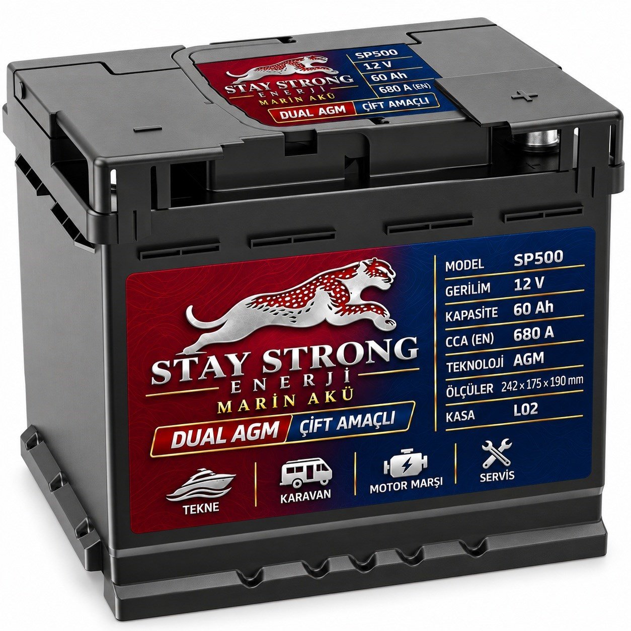 STAY STRONG SP500 12V 60Ah 680A AGM Marin Çift Amaçlı Aküsü
