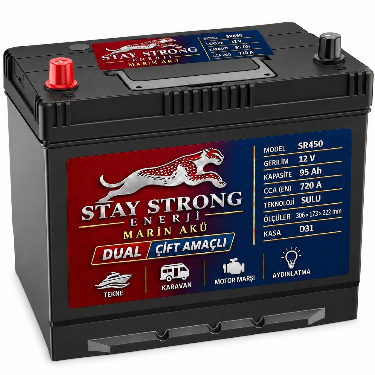STAY STRONG SR450 12V 95Ah 720A Sulu Marin Çift Amaçlı Aküsü