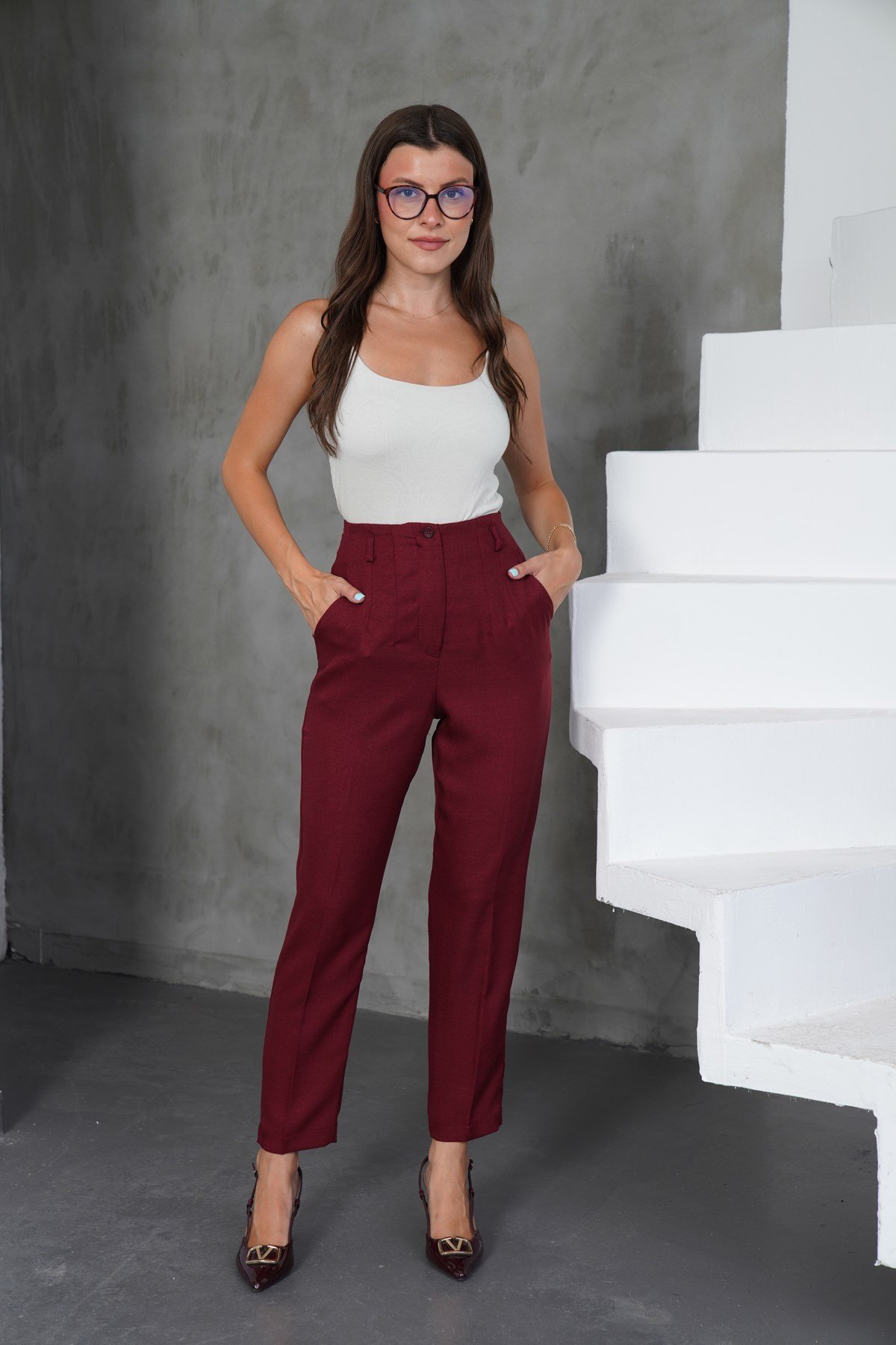 Havuç Keten Bordo Pantolon