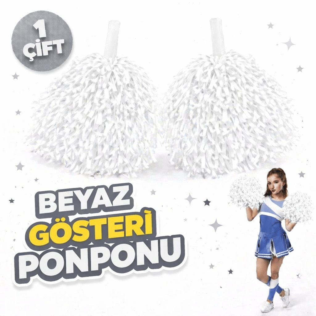 1 Çift ( 2 Adet ) Beyaz Renk 23 Nisan 19 Mayıs 29 Ekim Okul Gösteri Ponponları Ekstra Dolgun Bx40