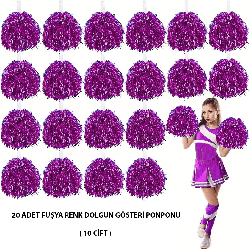 10 Çift ( 20 Adet ) Fuşya Renk 23 Nisan 19 Mayıs 29 Ekim Okul Gösteri Ponponları Bx40