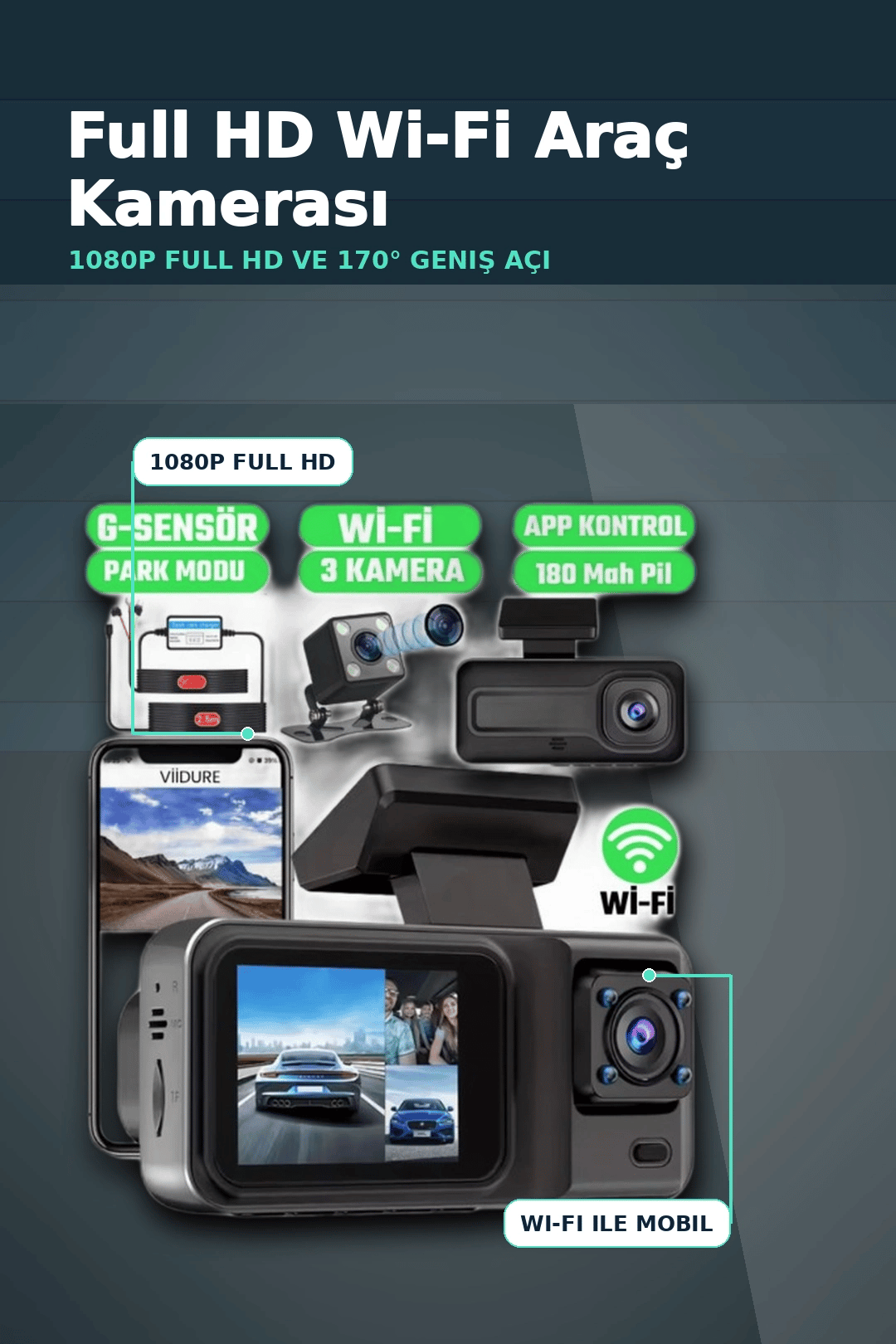 1080P Full HD 3 Kameralı Araç İçi Kayıt Kamerası Seti Wi-Fi ve Park Modu Özellikli