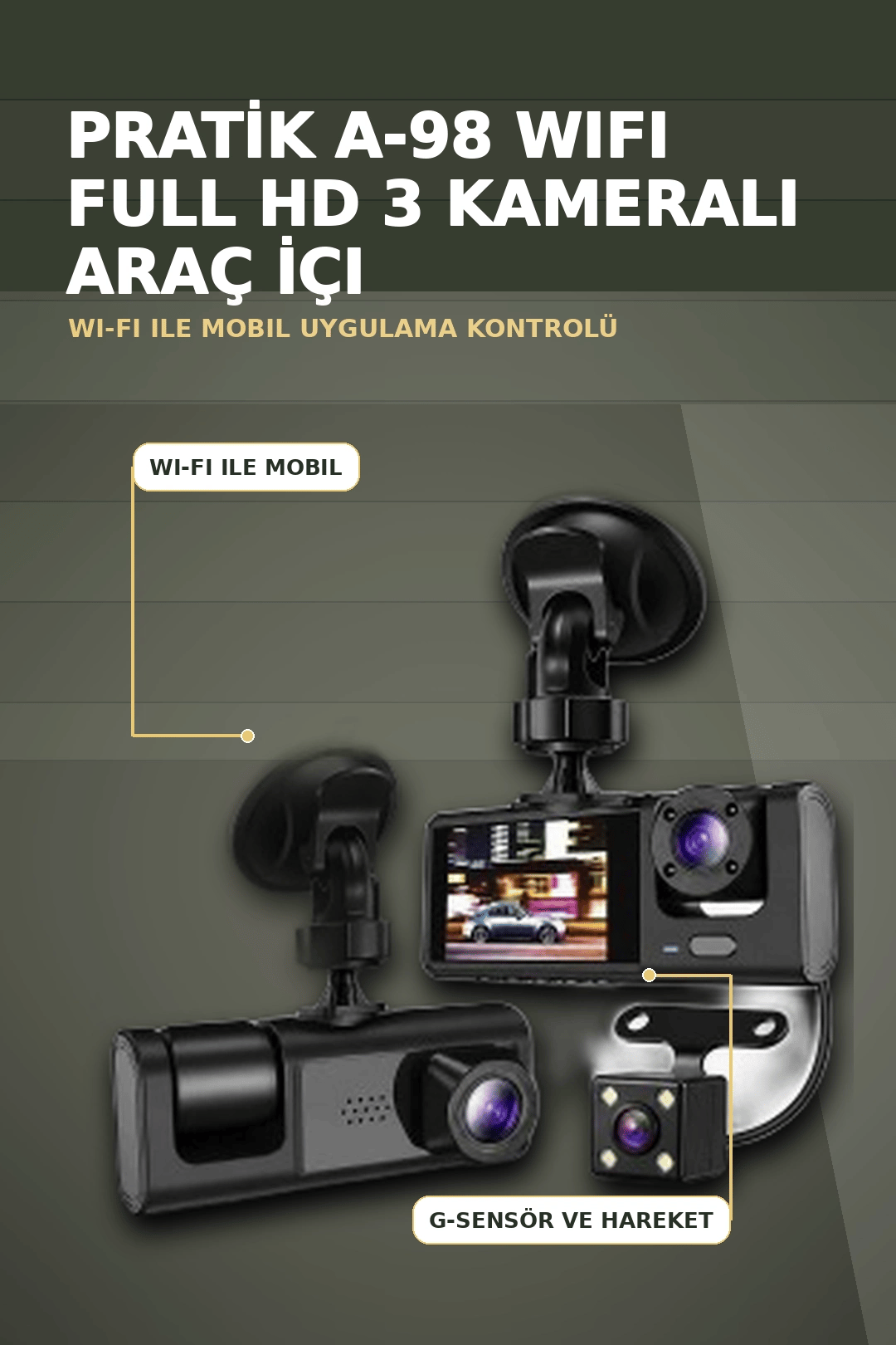 1080P Full HD 3 Kameralı Wi-Fi Araç İçi Kayıt Cihazı ve Park Modlu Güvenlik Kamerası Seti
