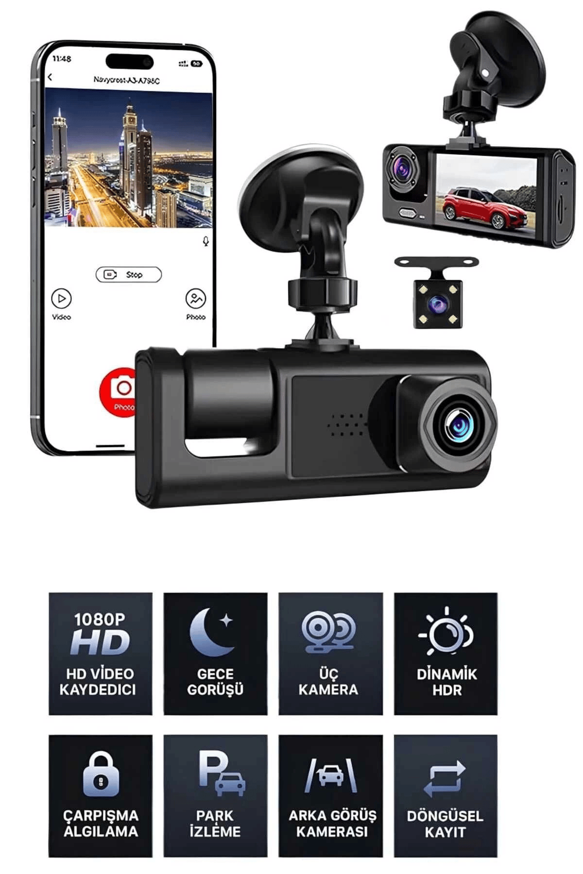 1080p Wifi Full Hd Araç Içi Kamera Arka Ön Iç Kayıt 3 Kamera Gece Görüşlü Gsensör Geniş Açı