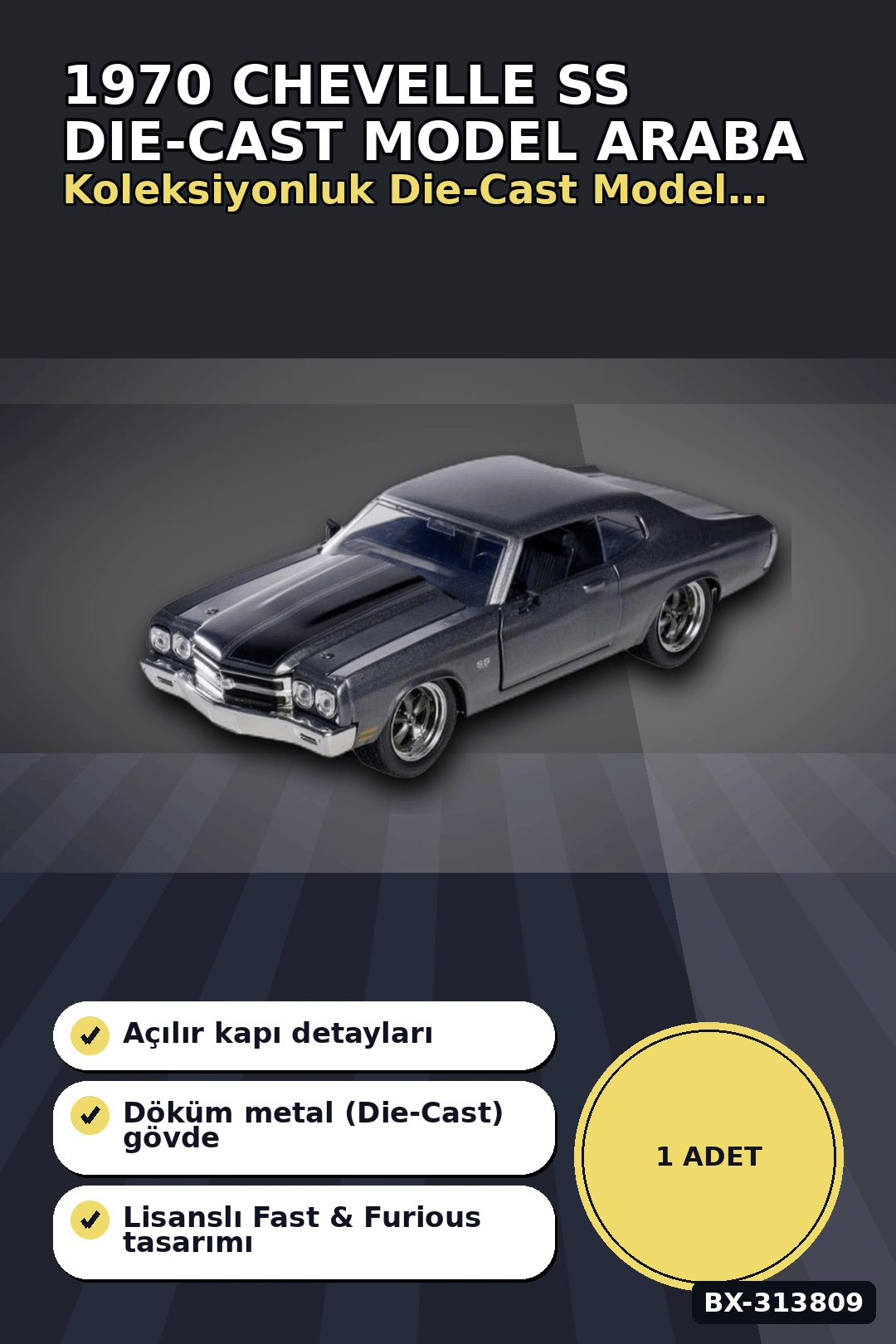 1:24 Metal Die-Cast 1970 Chevelle SS Araba - Açılır Kapı Kaput Bagaj, Lisanslı 19 cm BX-313809