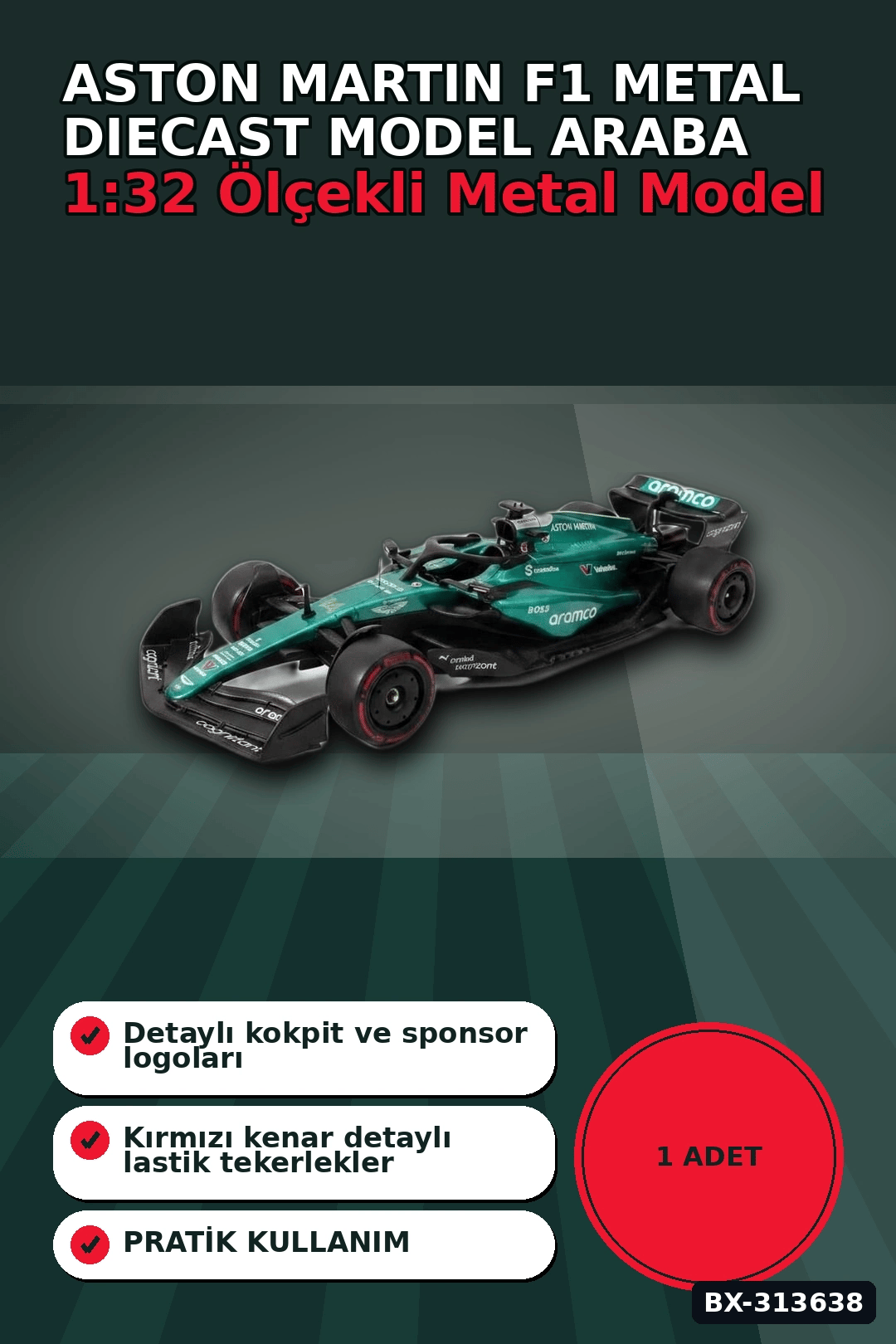1:32 Aston Martin F1 Metal Diecast Model Araba - Çek Bırak Oyuncak, Koleksiyon BX-313638