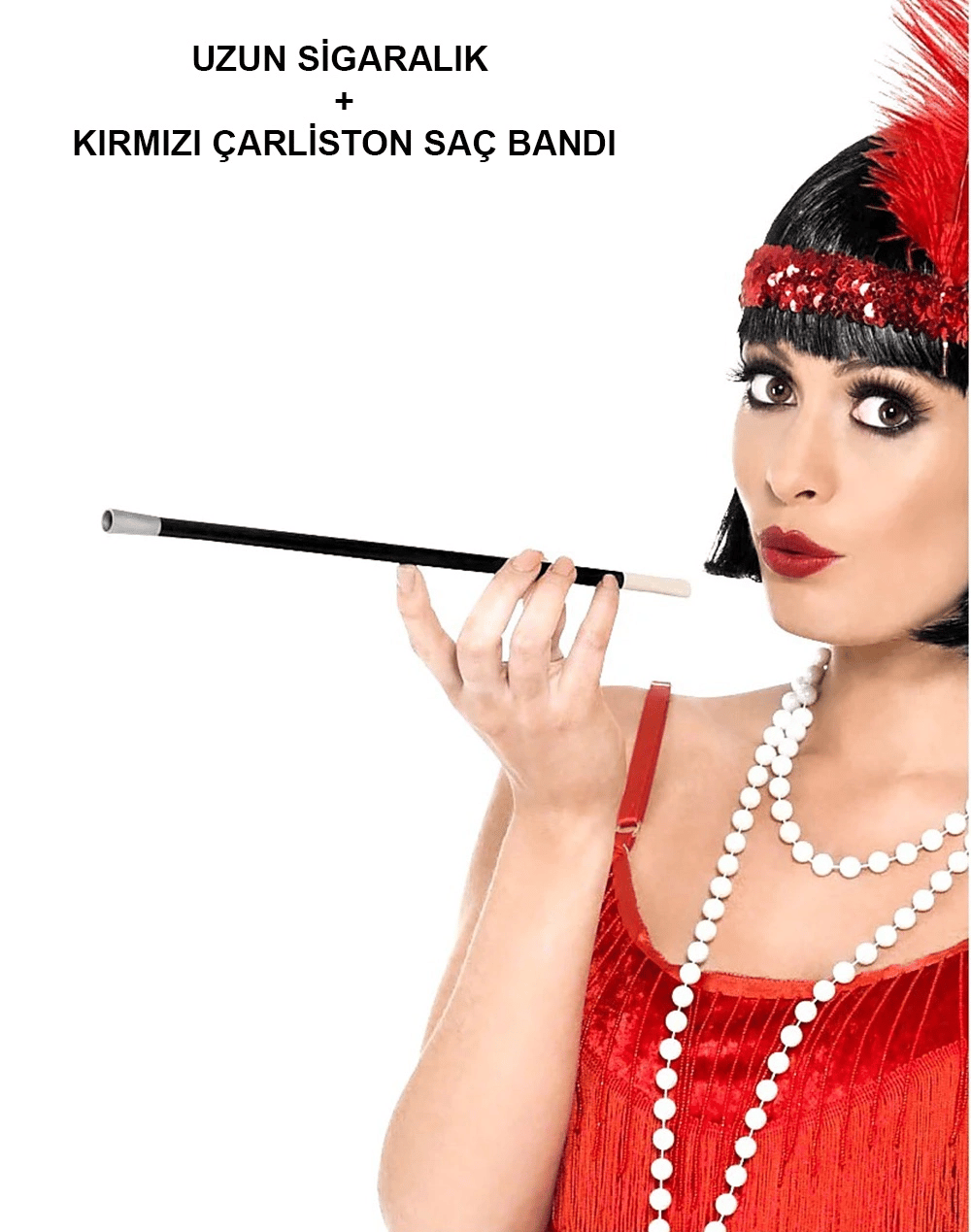 1920'ler 1990'lar Gatsby Kadın Aksesuar Seti – Kırmızı Charleston Saç Bandı Ve Sigaralık Bx40