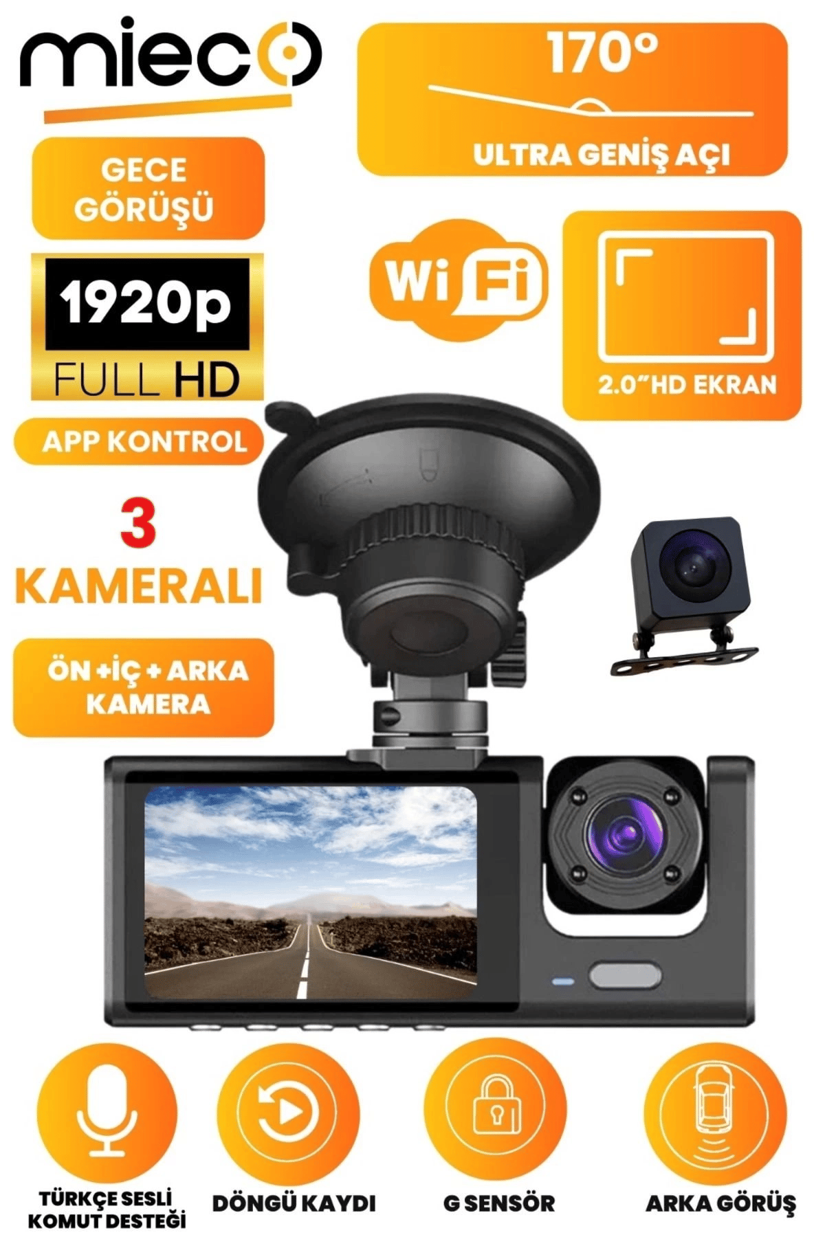1s Wifi / App /1920p Fhd/ 170° Ultra Geniş Açı/gece Görüş/ G-sensörü 3 Kameralı Araç Kamerası(2025)