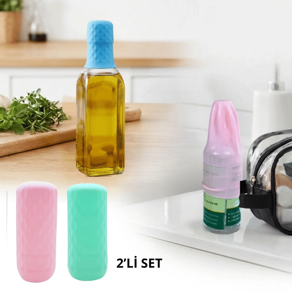 2 Adet Silikon Şişe Kapağı – Seyahat Tipi Sızdırmaz Elastik Şampuan, Losyon Ve Parfüm Şişesi Koruyucu Bx40