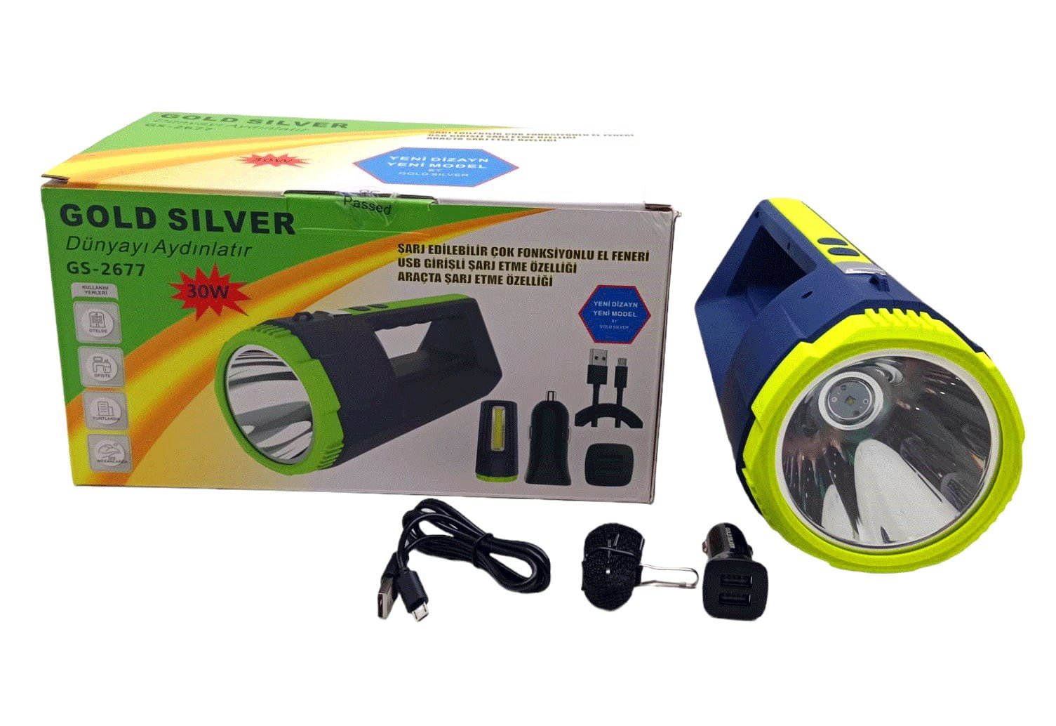 2in1 30w - 10w Cob Led Usb - Oto Şarjlı El Feneri Projektör Bx40