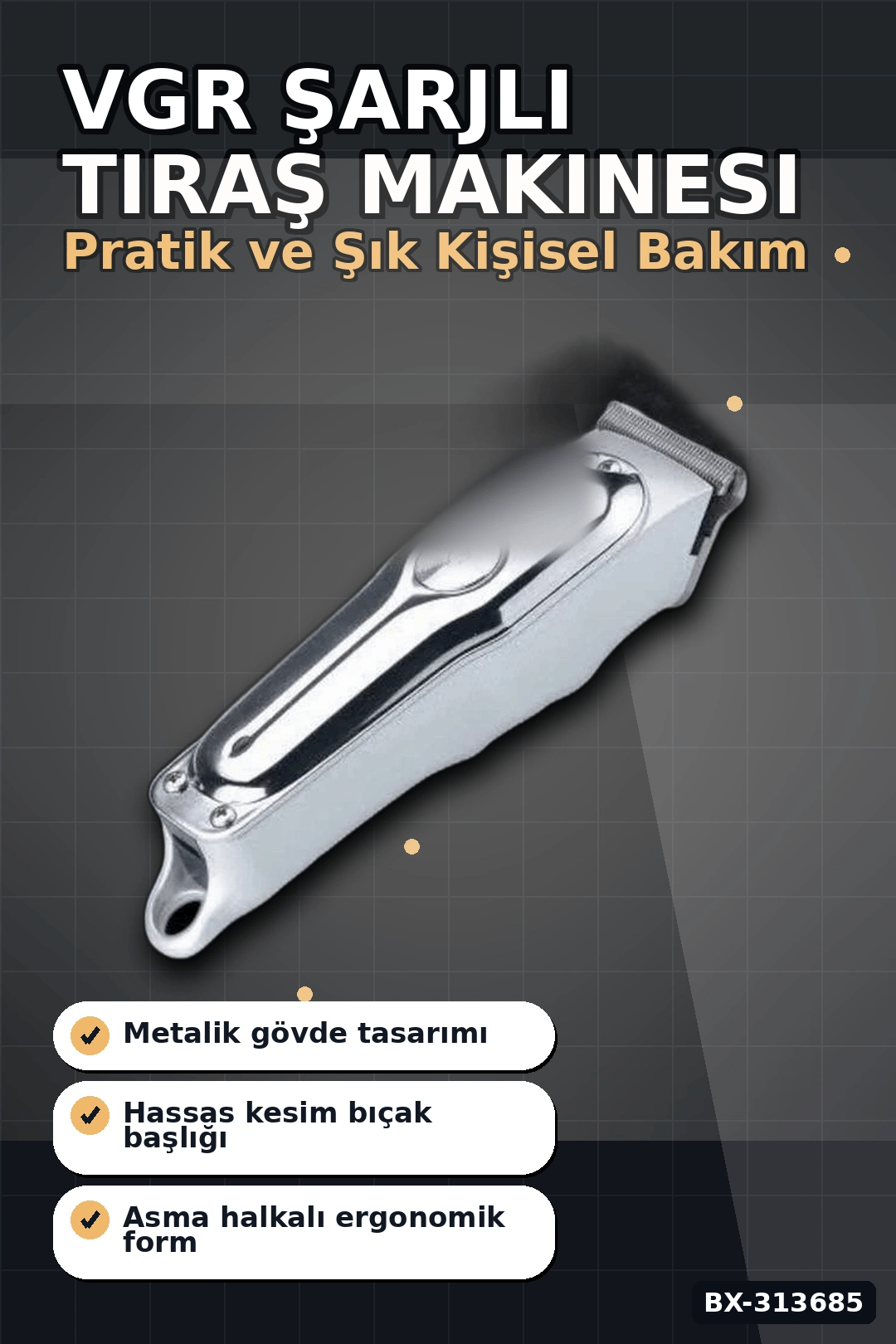 3 Başlıklı Şarjlı Tıraş Makinesi Paslanmaz Çelik Taraklı 14 cm 40 gr Sakal Saç Ense Tıraşı BX-313685