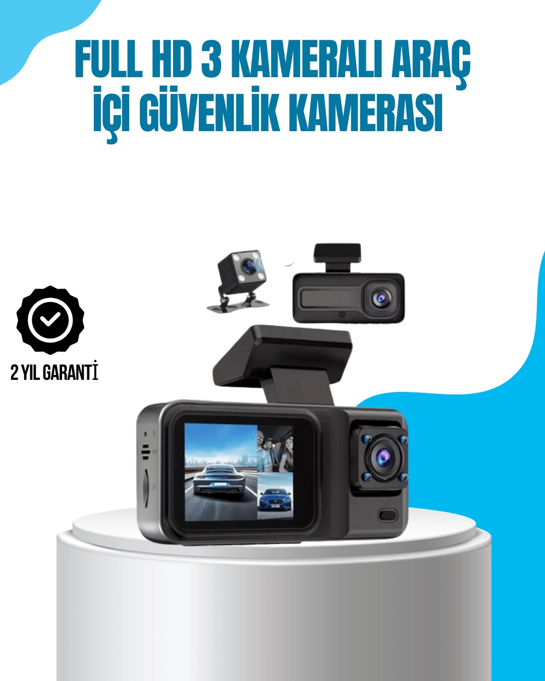 3 Kameralı Araç İçi Kayıt Cihazı 1080P Full HD Gece Görüşlü ve Wi-Fi Bağlantılı