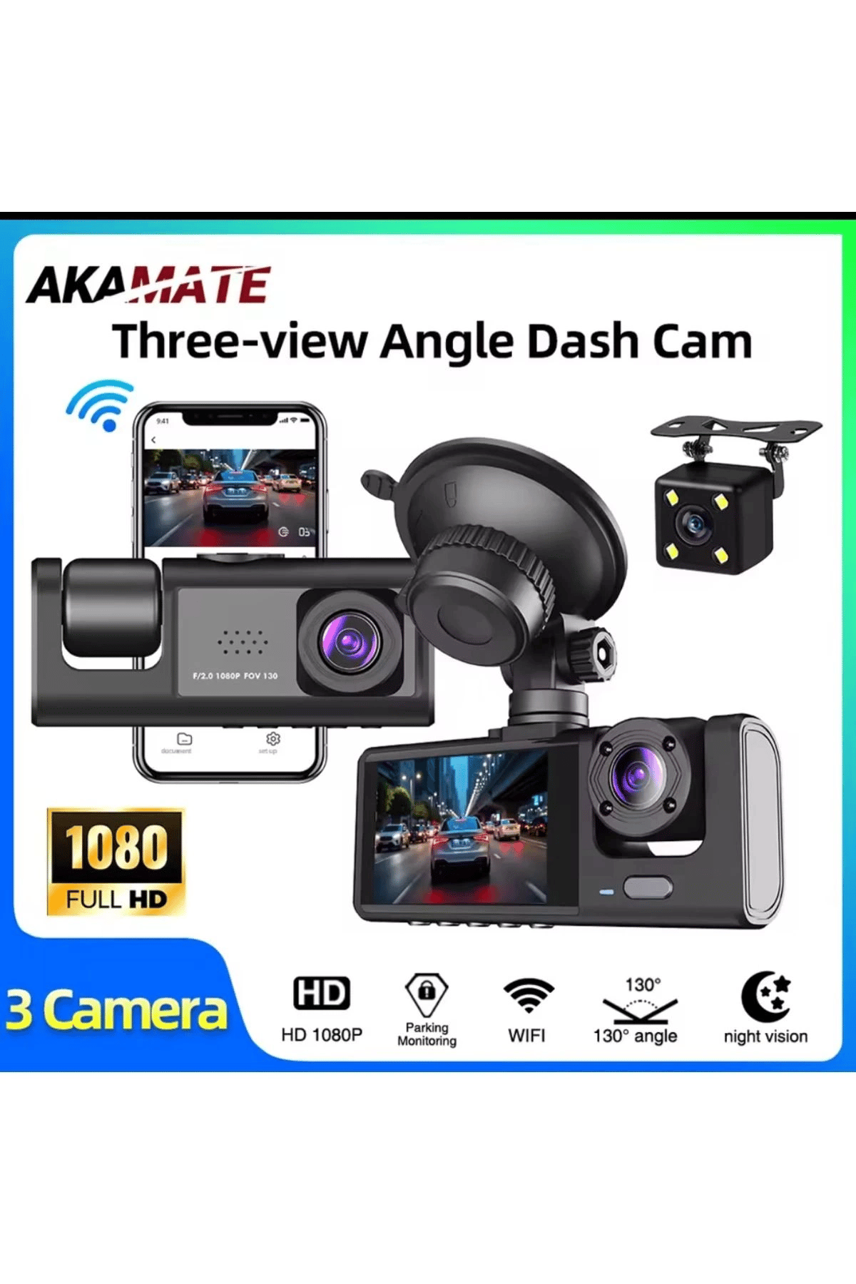 3 Kanal Araba DVR HD 1080P 3 Lensli Araç İçi KameraÜç Yönlü Kamera DVR Kaydedici Video
