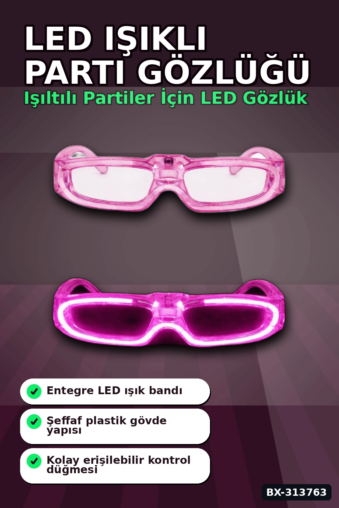 3 Modlu Led Işıklı Pembe Parti Gözlüğü Glow Efektli 1 Adet Unisex Eğlence Aksesuarı BX-313763