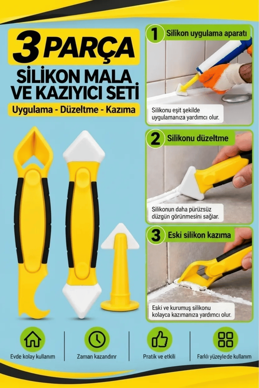 3 Parça Fayans Derz ve Silikon Kazıyıcı Temizleme Aparatı Mala Seti