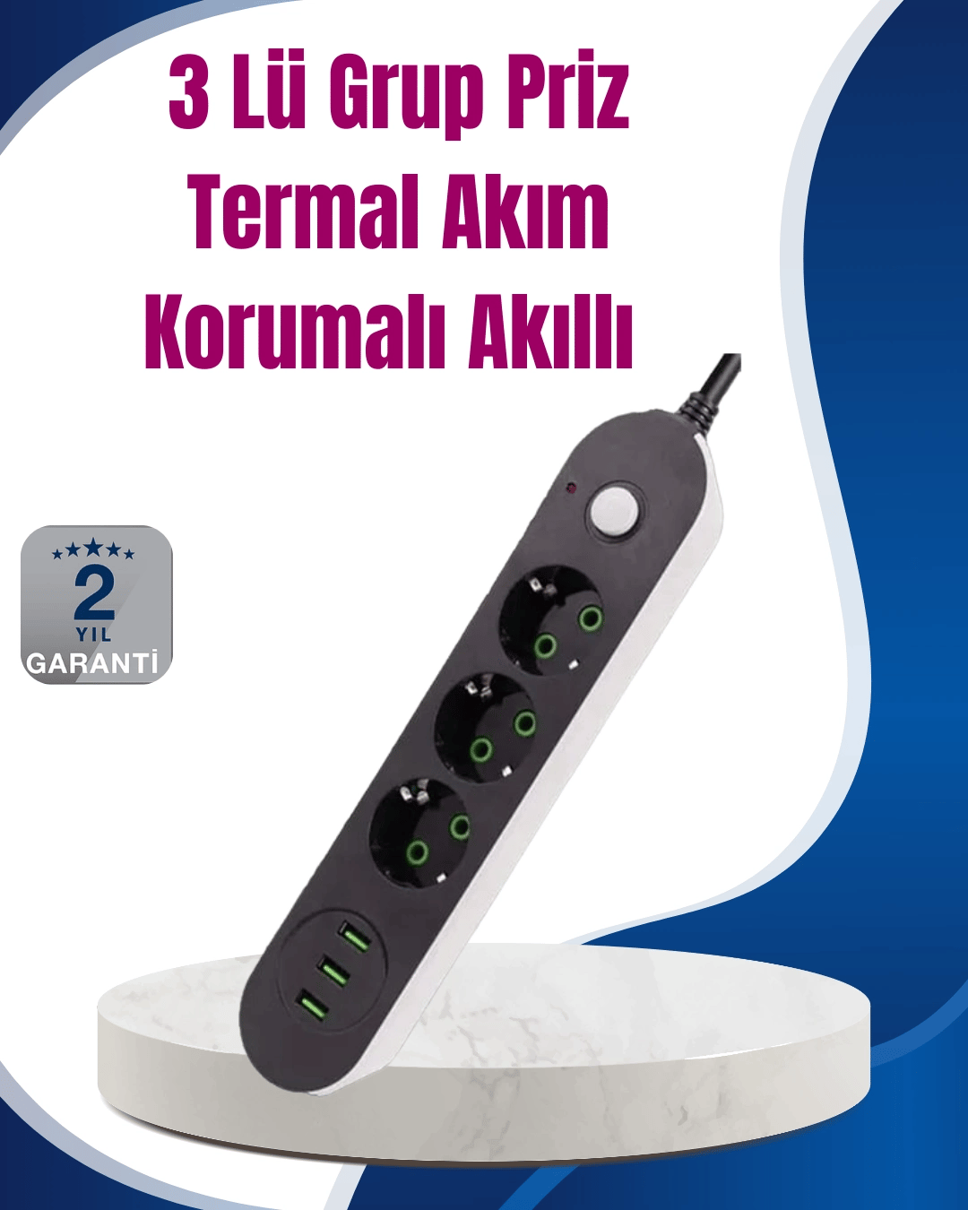 3 USB Çıkışlı Hızlı Şarjlı Anahtarlı Üçlü Priz