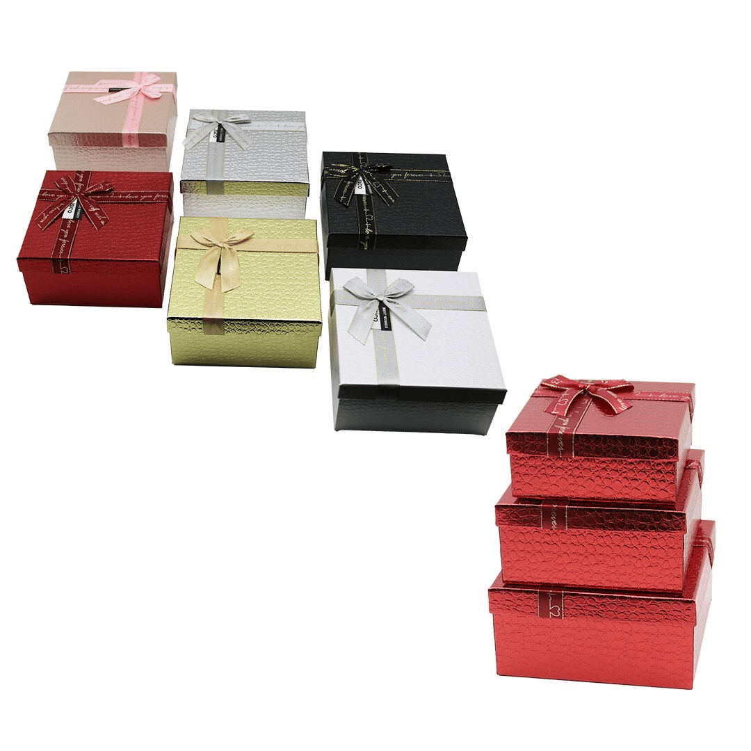 3pcs Kare Parlak Mix Renkli - Kabartma Desen Karton Hediye Kutusu Kurdelalı 19-17-15cm Bx40