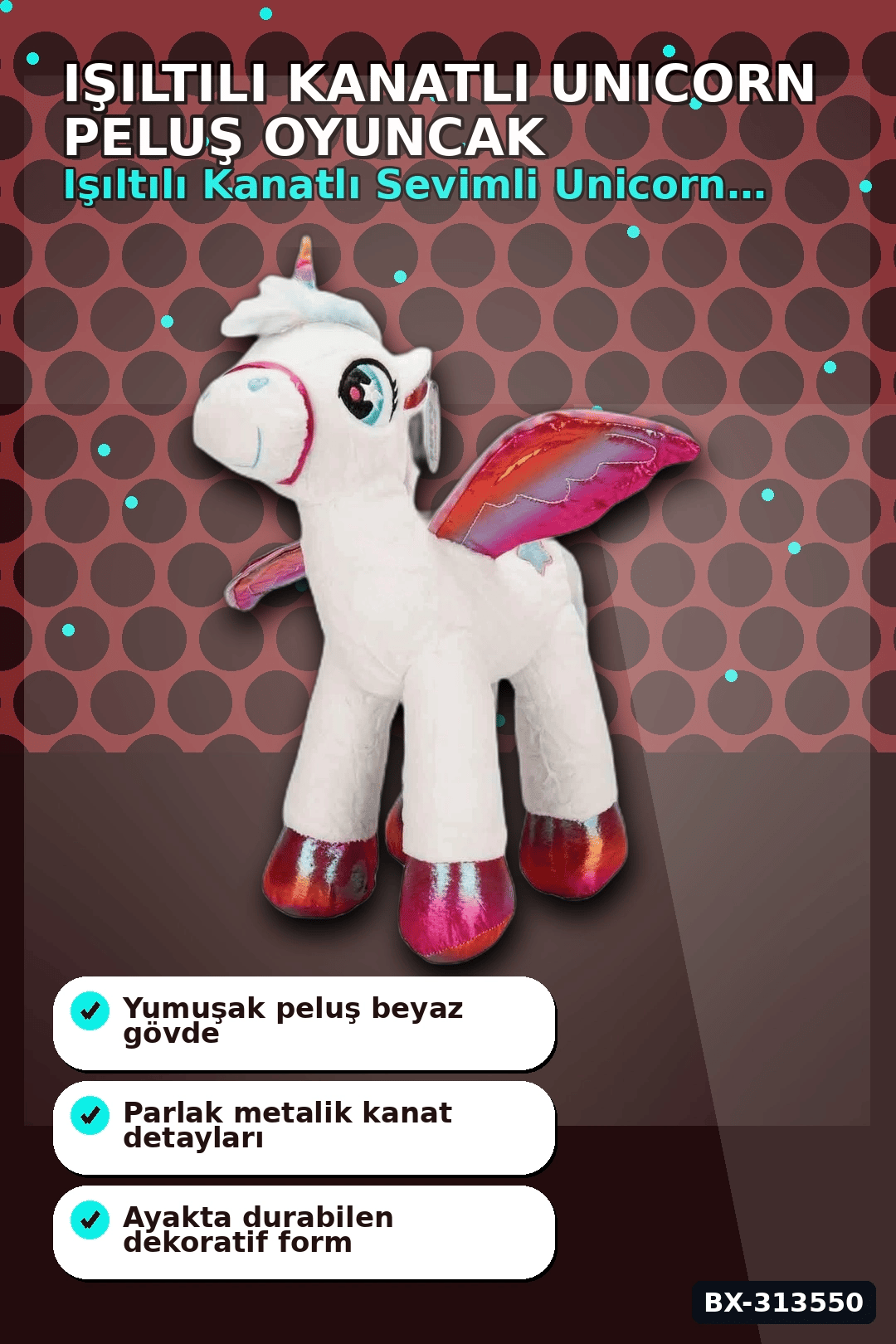 42 Cm Yumuşak Peluş Kanatlı Unicorn At Figürü Rengarenk Hediye Peluş Oyuncak BX-313550