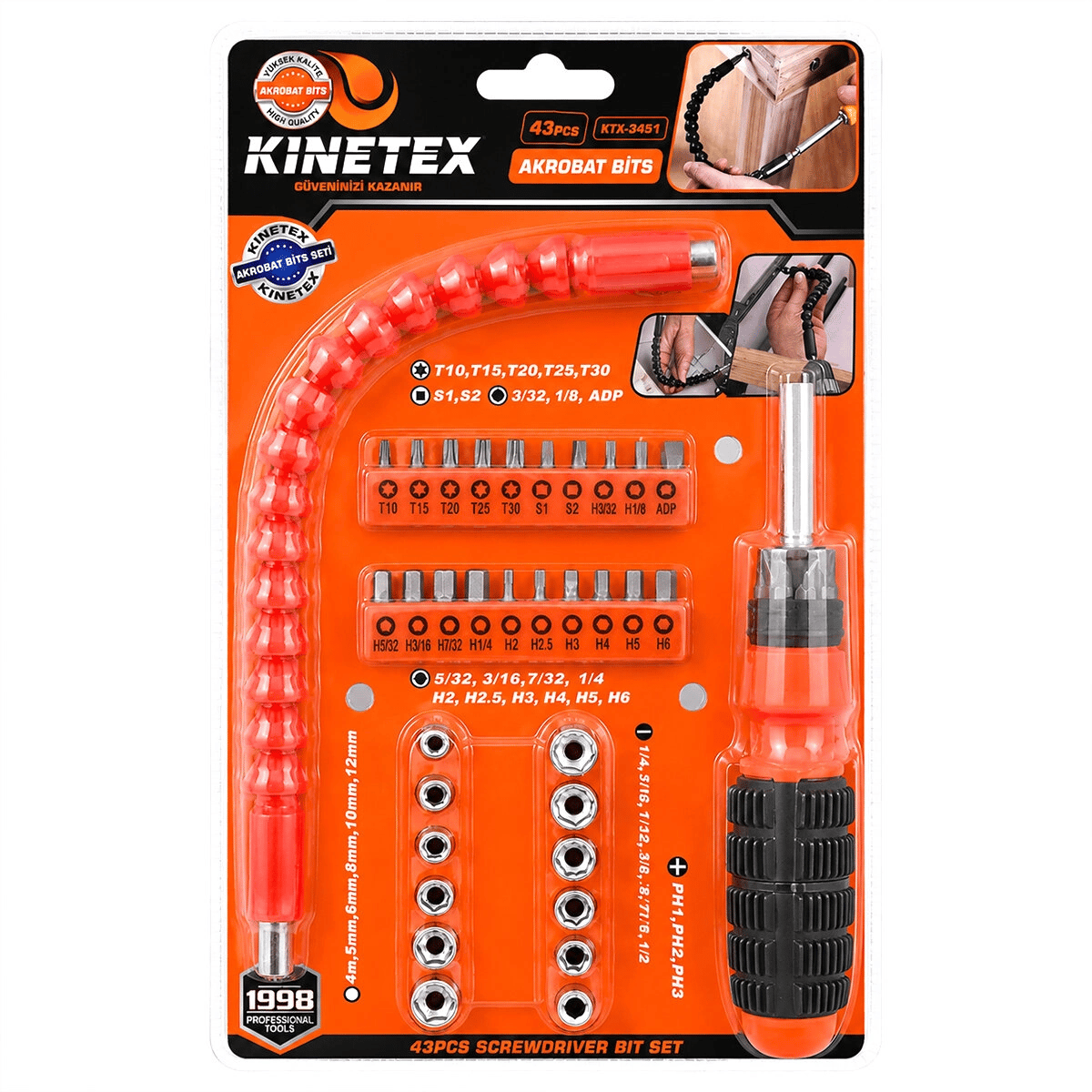 43pcs Silikon Sap Akrobat Uzatmalı Tornavida Bits Seti Manyetik Uç Tutucu Ktx-3451 Bx40