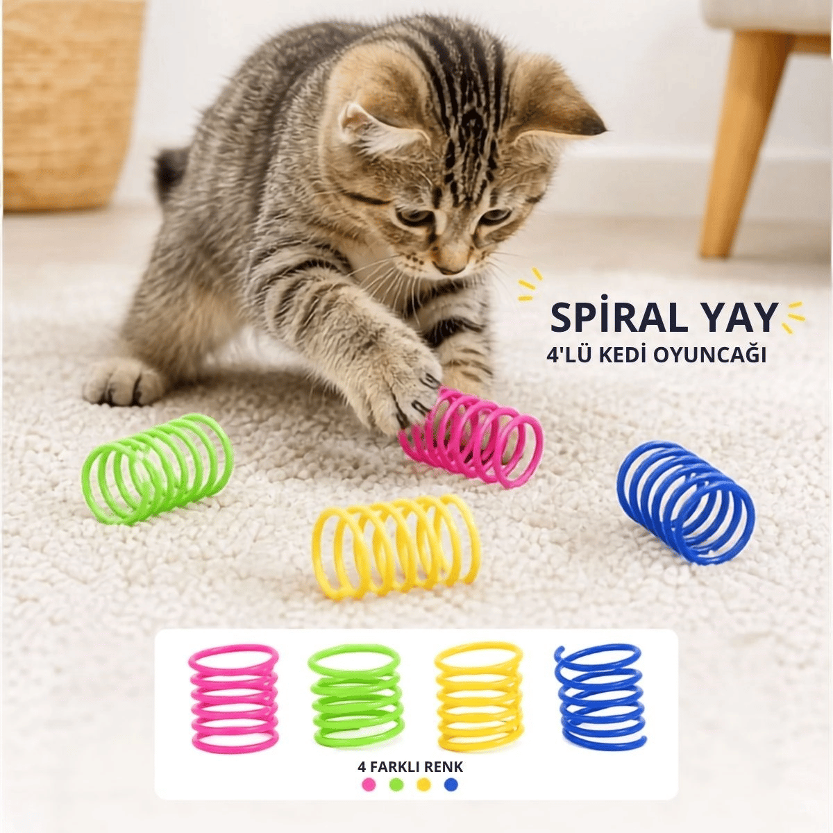 4'lü Renkli Spiral Yay Kedi Oyuncağı, Esnek Ve Hareketli Eğlenceli Kedi Oyun Seti Bx40