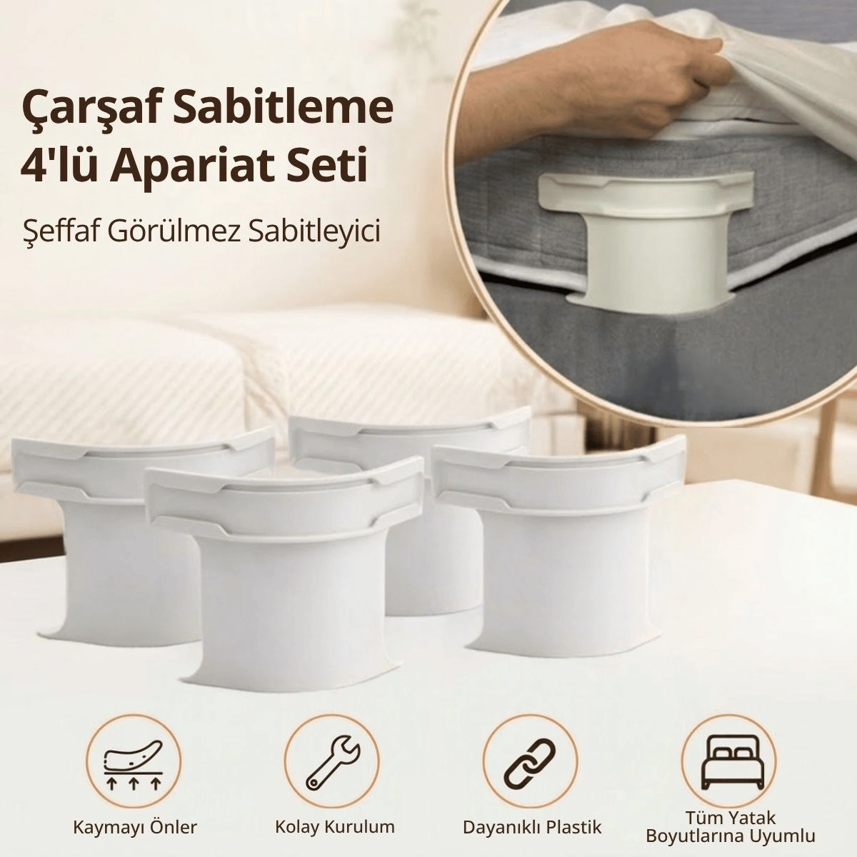 4'lü Çarşaf Sabitleyici Kaydırmaz Aparat, Dört Köşeden Kilitleyen Şeffaf Akıllı Çarşaf Tutucu Sistem Bx40