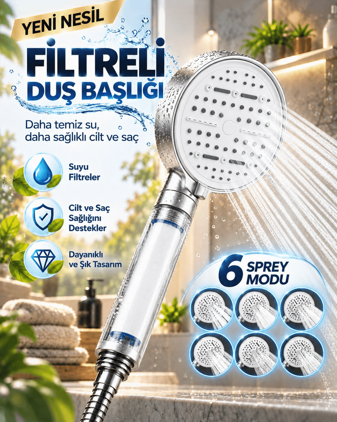 6 Sprey Modlu Filtreli Duş Başlığı Büyük Su Paneli Silikon Nozullu Beyaz Modern Tasarım
