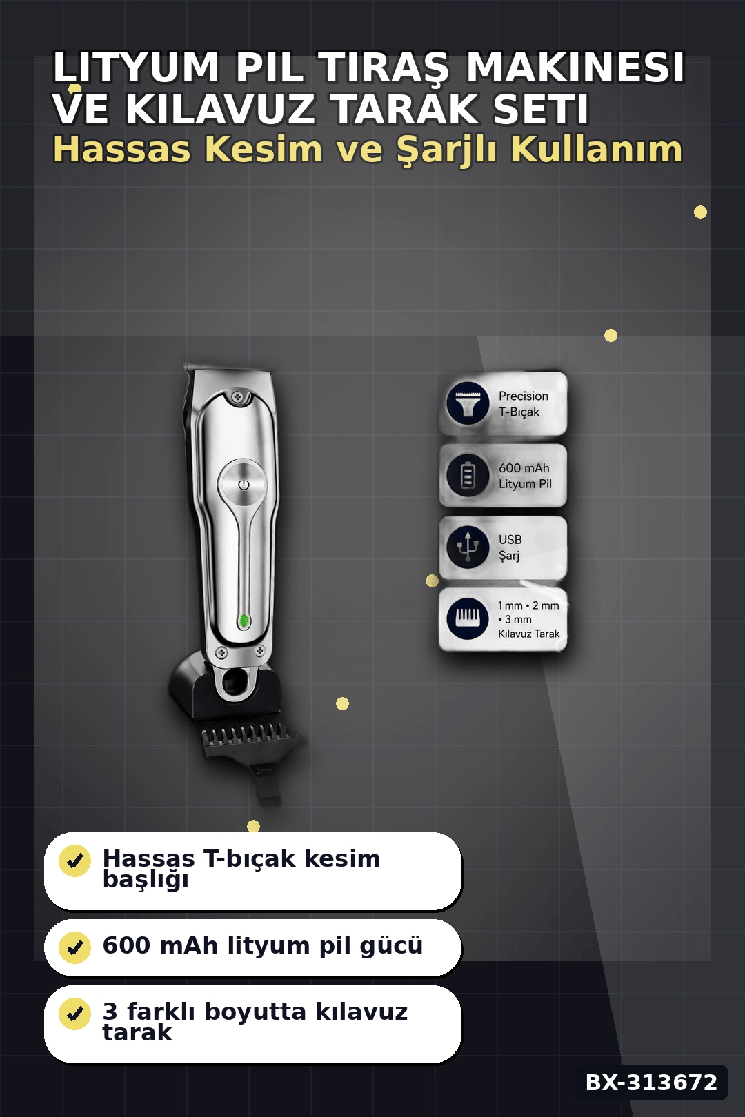 600 Mah Lityum Pil 3 Taraklı Tıraş Makinesi Lazer Epilasyon Öncesi Kısaltma BX-313672