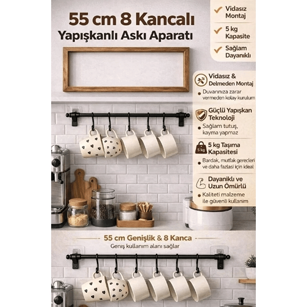 8 Kancalı Yapışkanlı Askı Aparatı