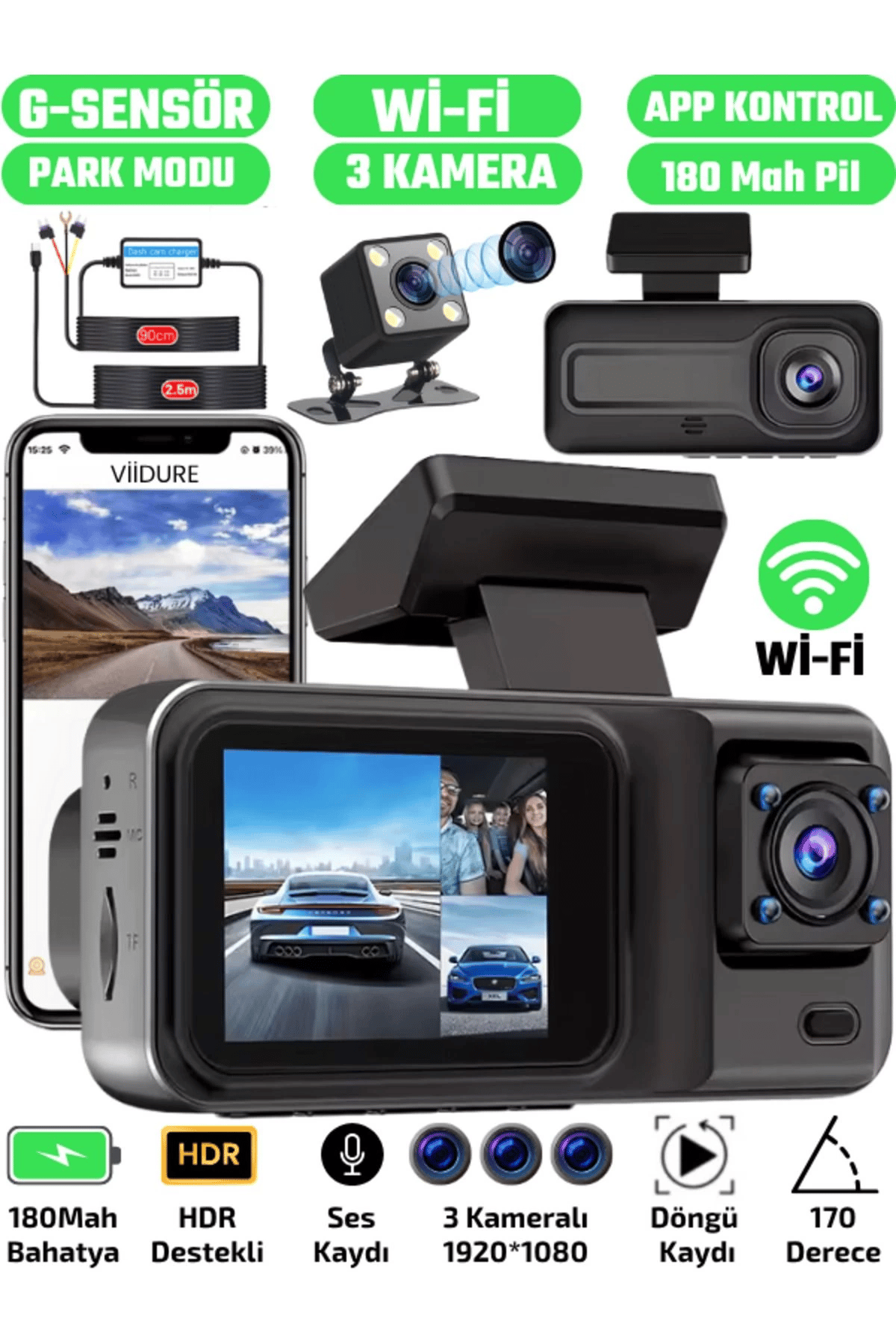 A-98 WiFi Full HD 3 Kameralı Araç İçi Güvenlik Kamerası + Park Modu Kablosu Ön-Arka-İç Kayıt,DashCam