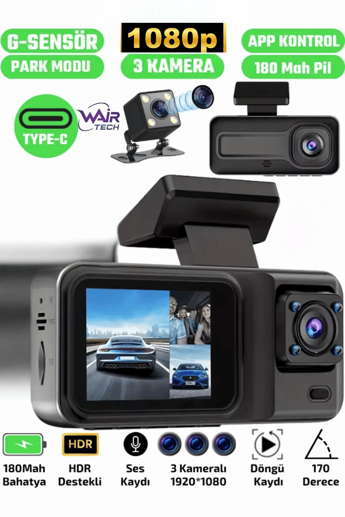 A98 Full Hd 3 Kameralı Araç Içi Güvenlik Kamerası 64gb Uyumlu Ir Gece Görüşü, Ön-arka-iç Kayıt
