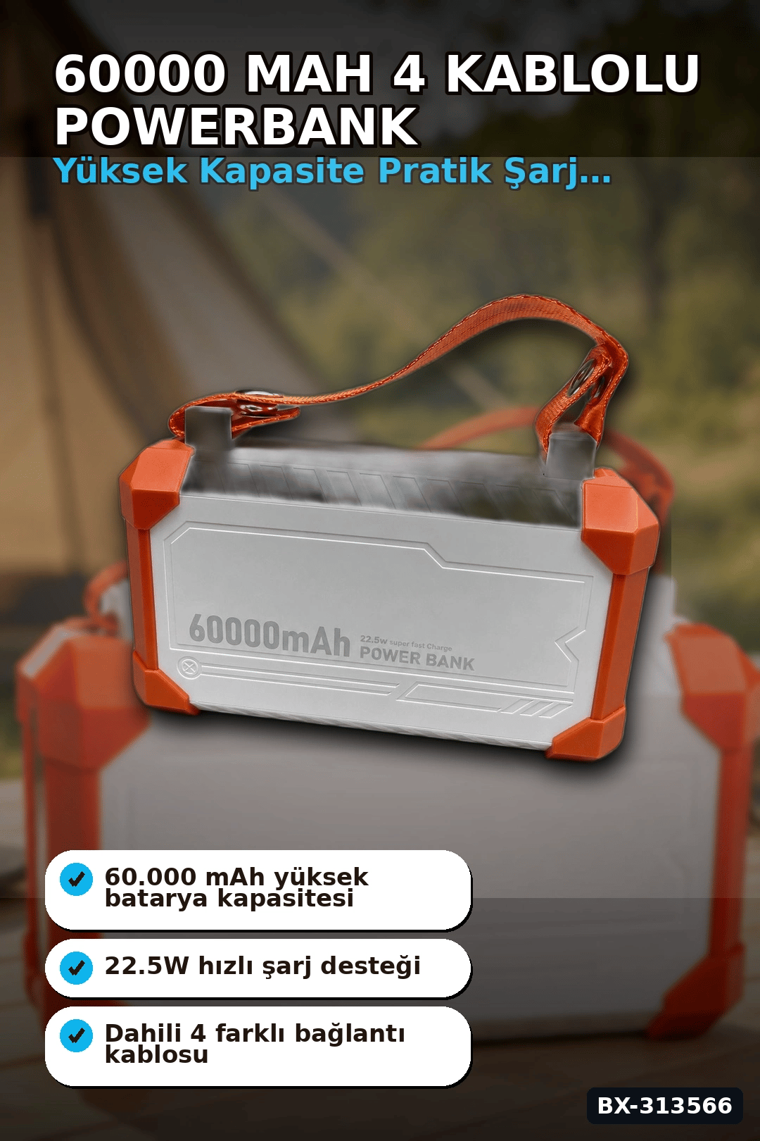 Acil Durum Işıklı 60000 mAh Powerbank - 4 Kablolu 22.5W Hızlı Şarj, Taşıma Saplı BX-313566