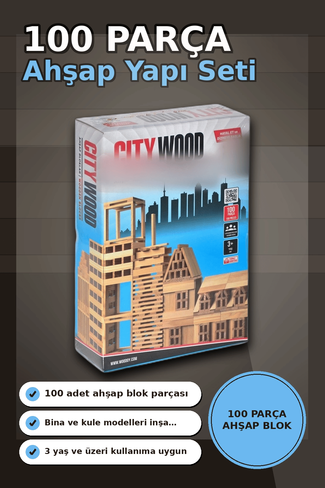 Ahşap Yapı Blokları 100 Parça 11x2,2x0,7 cm Doğal ve Boyalı Çocuk Gelişim BX-313414