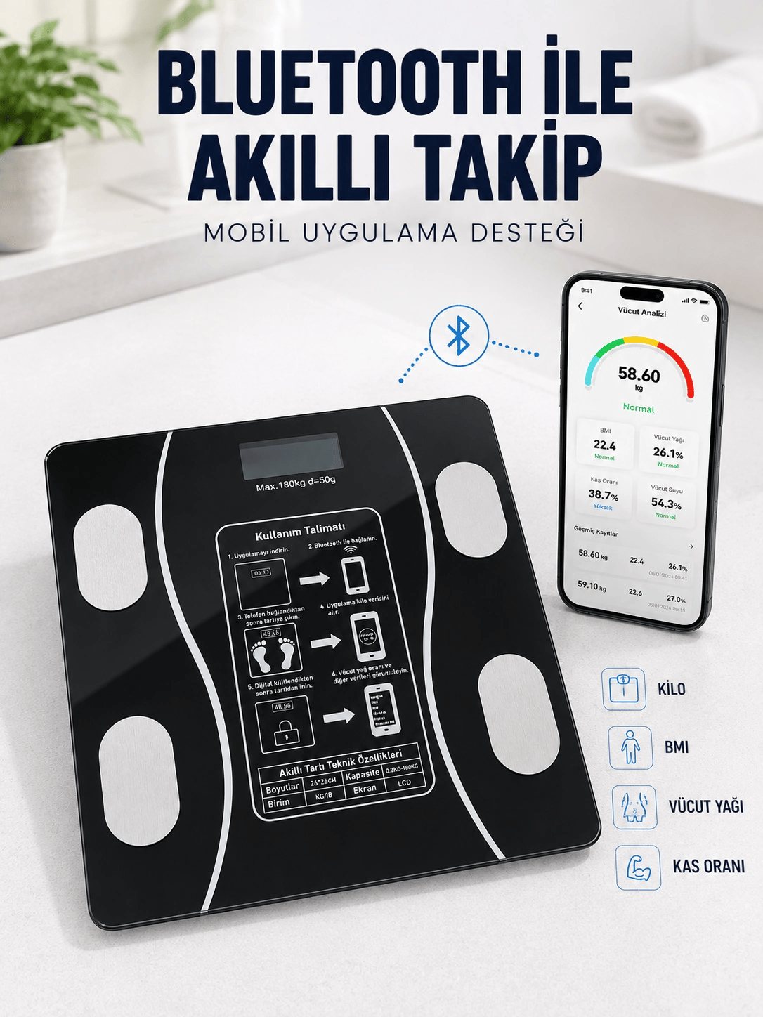 Akıllı Cam Baskül Bluetooth Mobil Uygulamalı Vücut Analiz Tartısı 180 Kg LCD Ekran