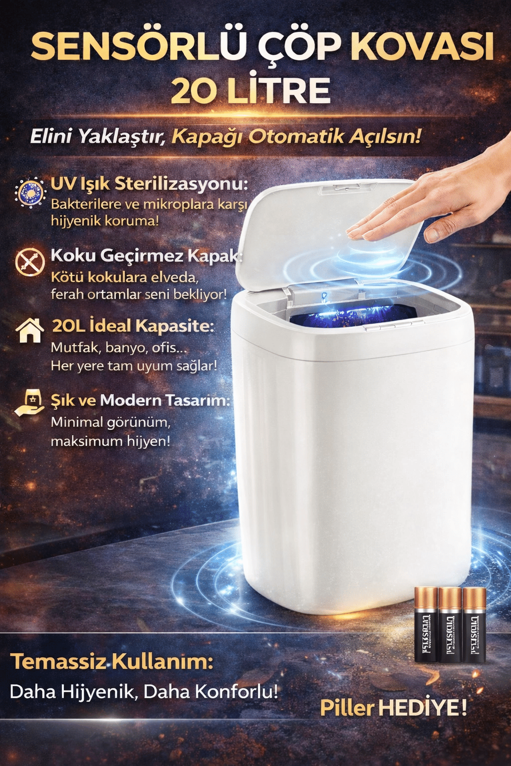 Akıllı Sensörlü UV Işıklı 20 Litre Çöp Kovası - Mutfak, Banyo, İşyeri ve Ofis Kullanımı