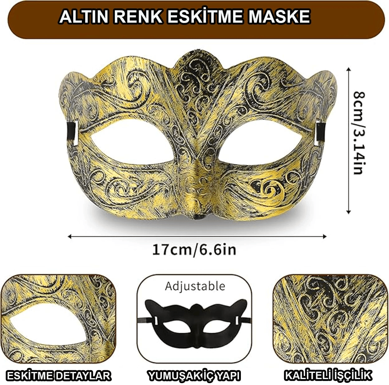 Altın Renk Eskitme Maskeli Balo Maskesi – Venedik Tarzı Parti Maskesi Bx40