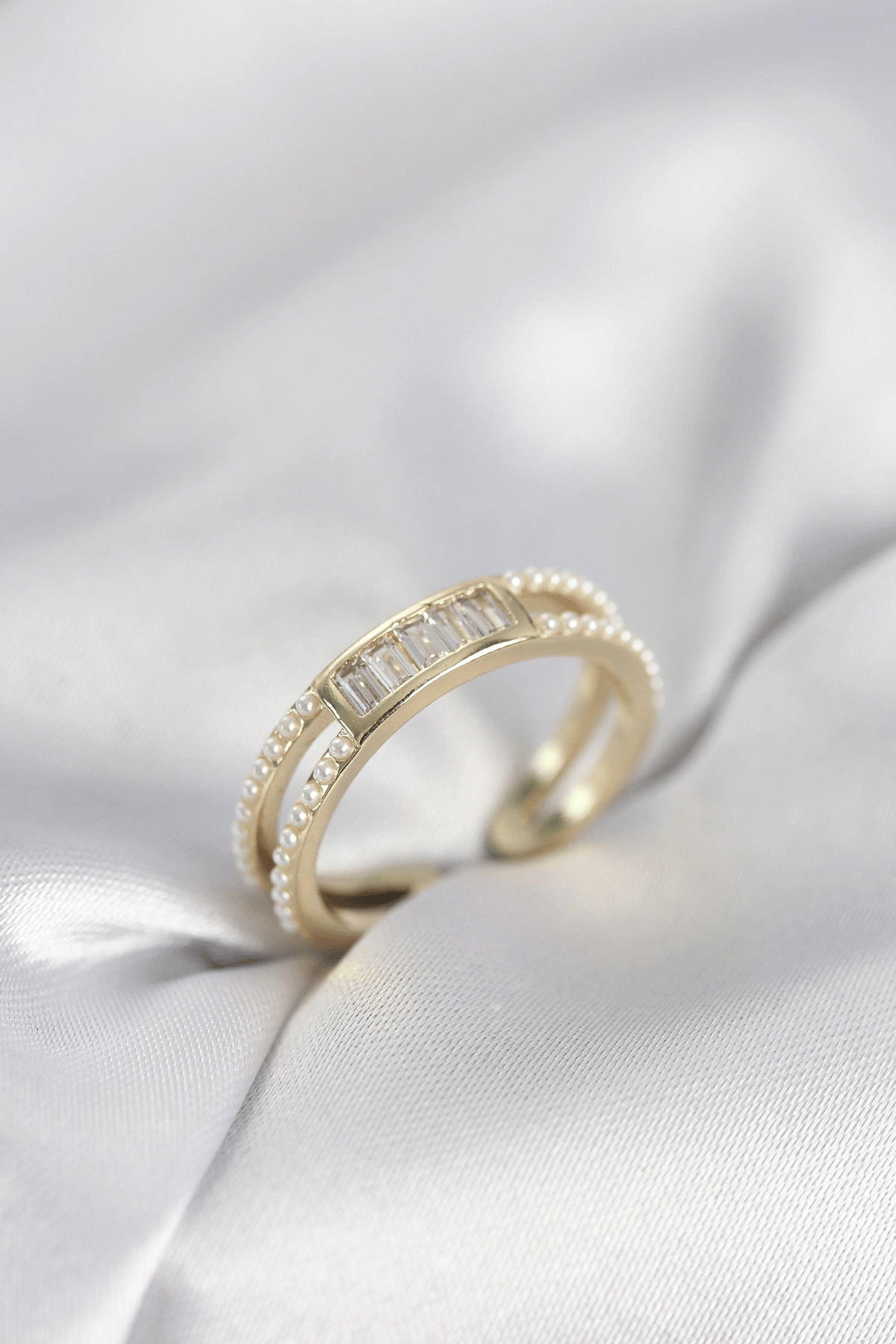Baget Zirkon Taşlı Gold Renk İncili Kadın Yüzük