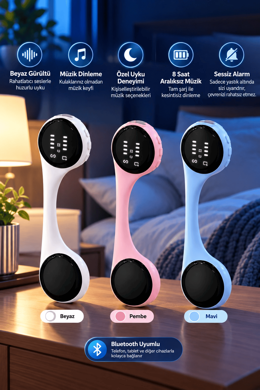 Bluetooth Yastık Altı Hoparlör Sessiz Alarm ve Rahatlatıcı Uyku Sesleri 8 Saat Kesintisiz Müzik Deneyimi