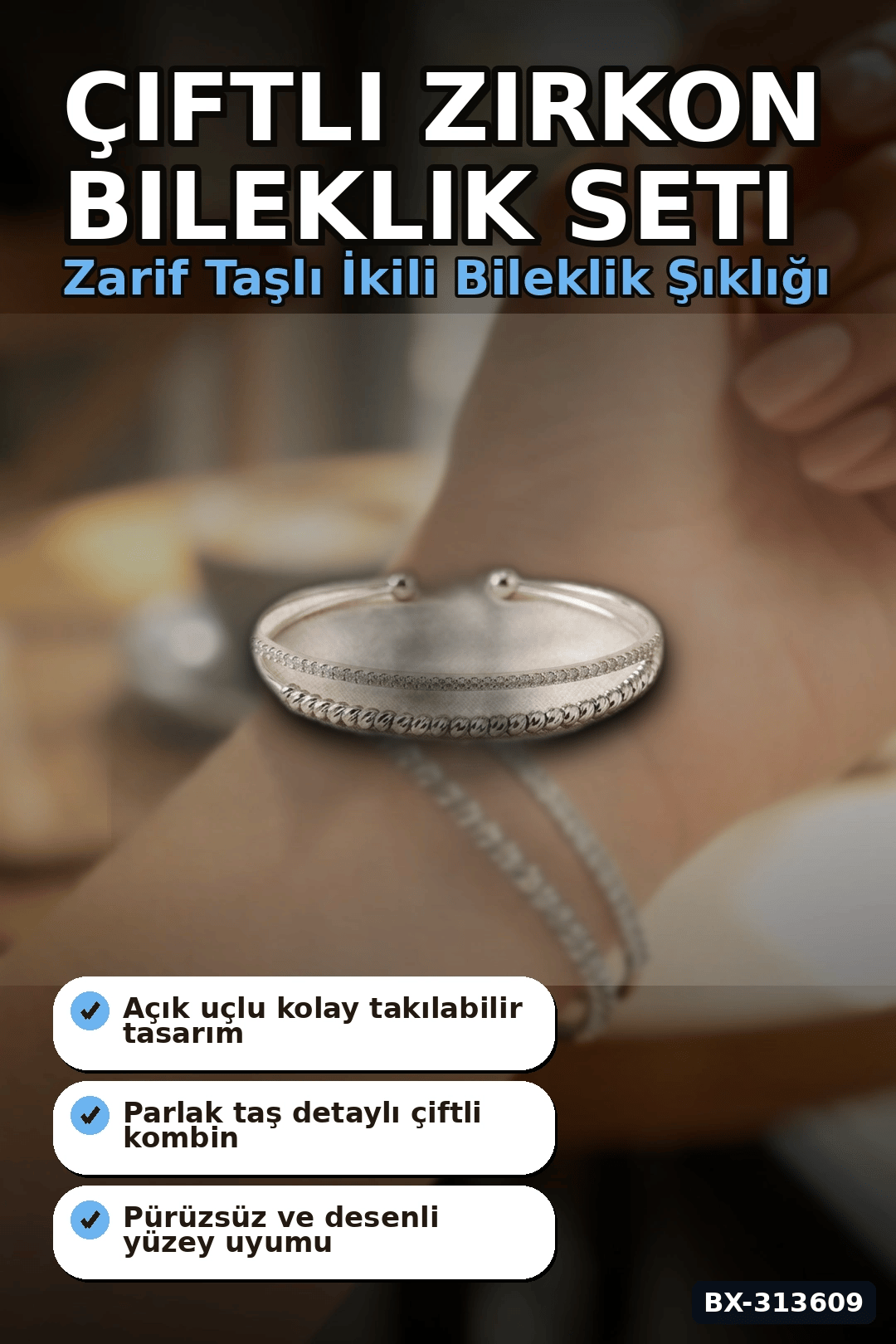 Çiçek Mühürlü 20 cm Gümüş Dorika Bileklik - Zirkon Taşlı Kadın Pirinç Takısı BX-313609
