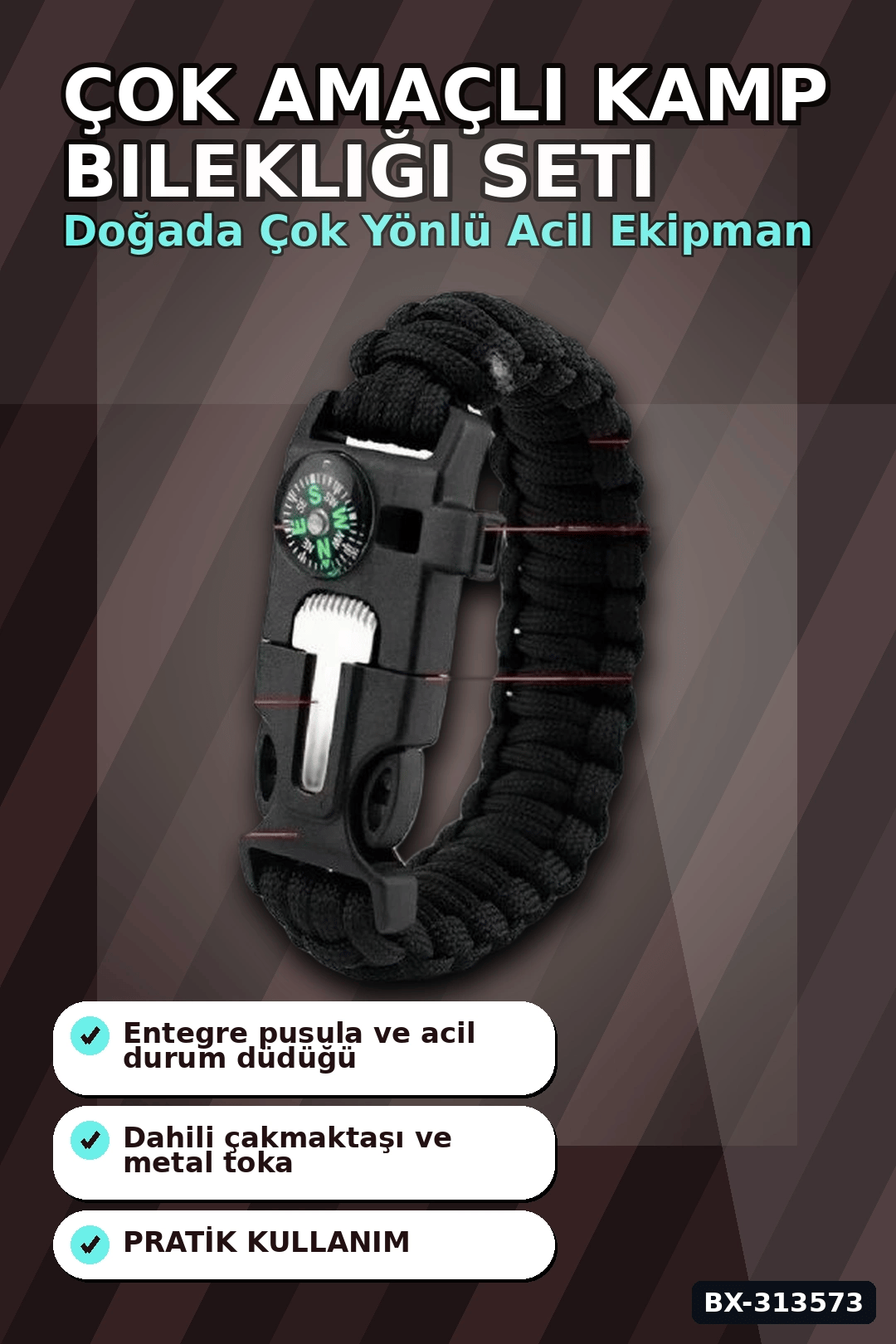 Çok Amaçlı Kamp Bilekliği - Düdük, Çakı, Çakmaktaşı, Pusula ve Paraşüt İpi Dahil BX-313573