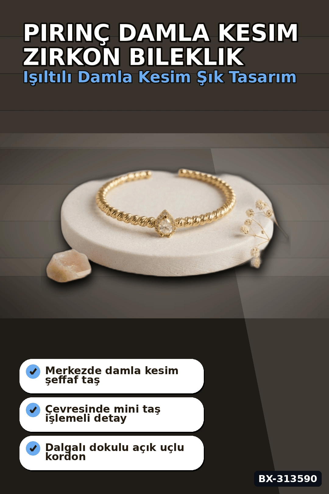 Damla Kesim Zirkon Taşlı Dorika Model Rengi Pirinç Kadın Bileklik 1 Adet BX-313590
