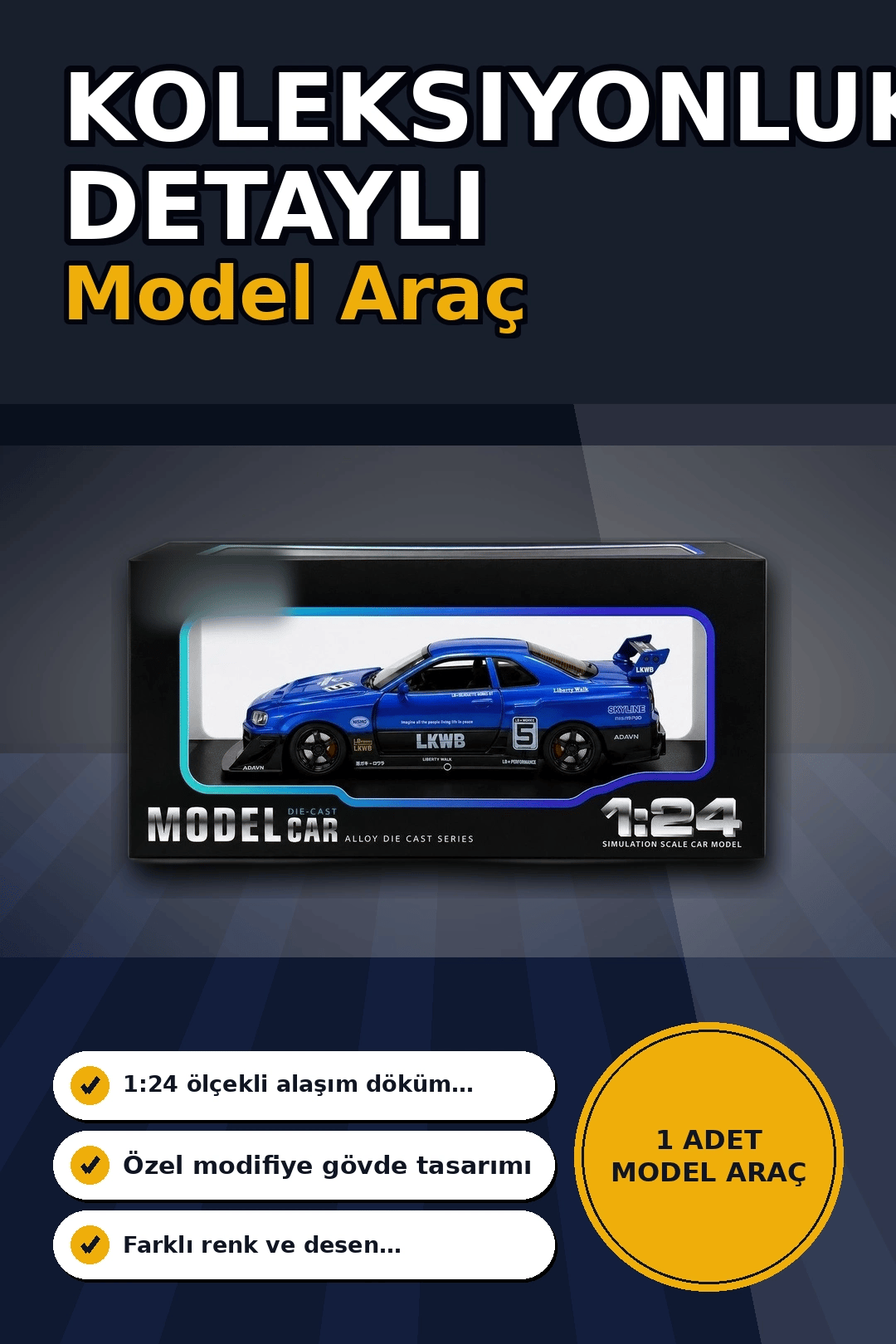 Detaylı 1/24 Ölçek R34 Modifiye Spor Model Araç - Tek Renk Seçimli, Koleksiyonluk Oyunca BX-313408