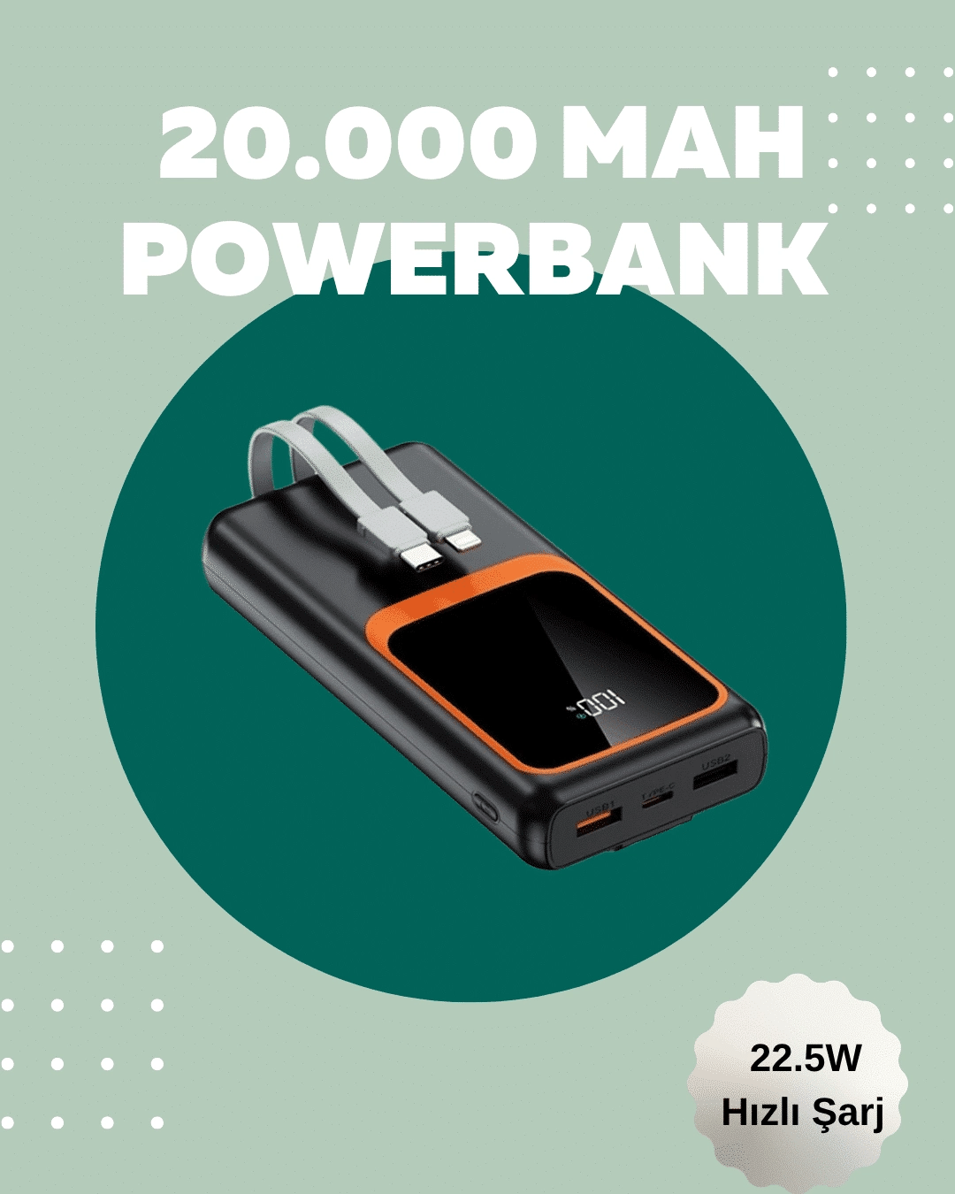 Dijital Ekranlı 20.000 mAh Powerbank | 22.5W Hızlı Şarj + Çoklu Bağlantı Seçeneği