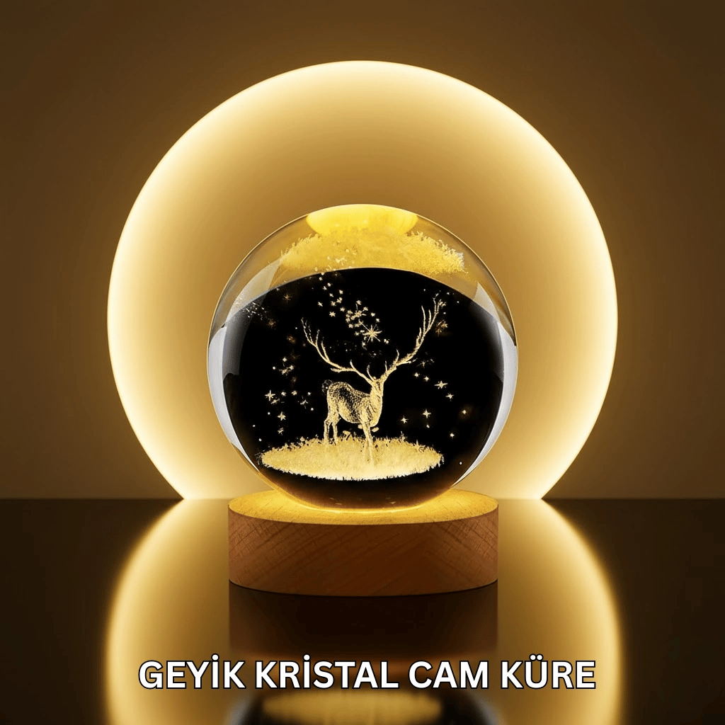 Doğal Ahşap Standlı Geyik Figürlü Kristal Küre LED Dekoratif Lamba