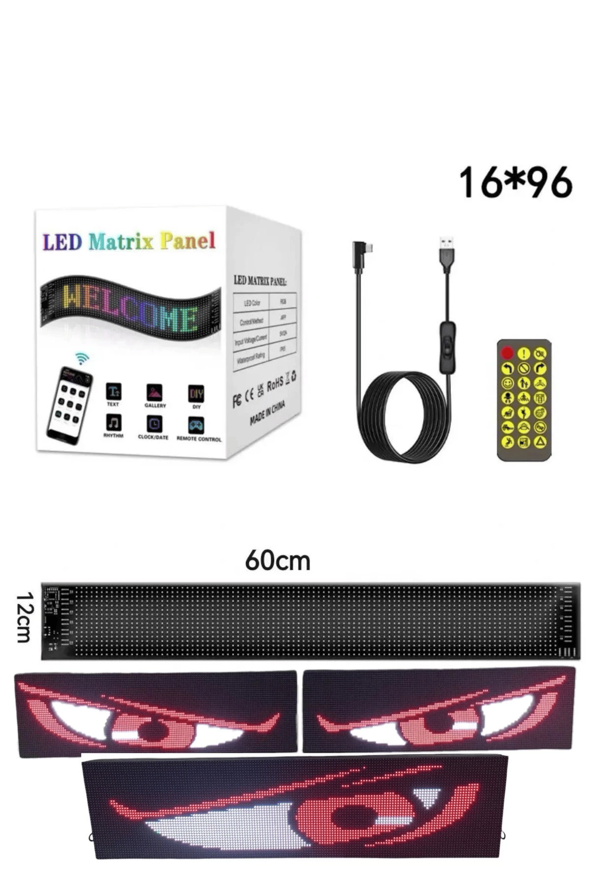 Esnek Katlanabilir Panel Led Cama Yapışır Uygulama İle Kontrol Dijital Tabela Kayar 60cm 16X96 LED