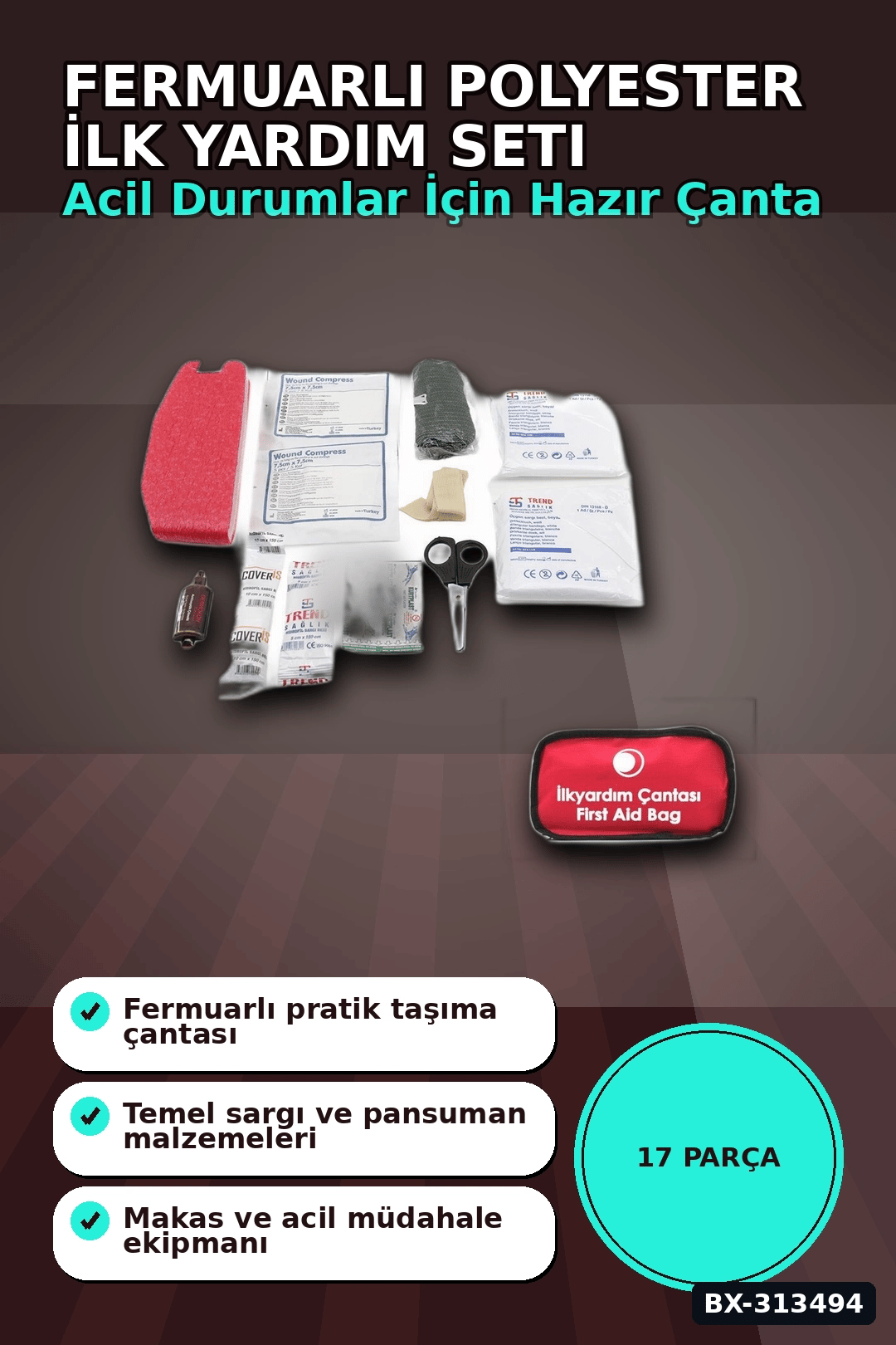Fermuarlı Polyester Çantalı 17 Parça Acil İlk Yardım Seti Araba Ev Ofis BX-313494
