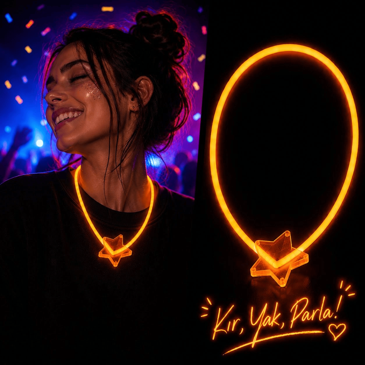 Fosforlu Yıldız Parti Kolyesi – Neon Işıklı Kolye Turuncu Renk Bx40